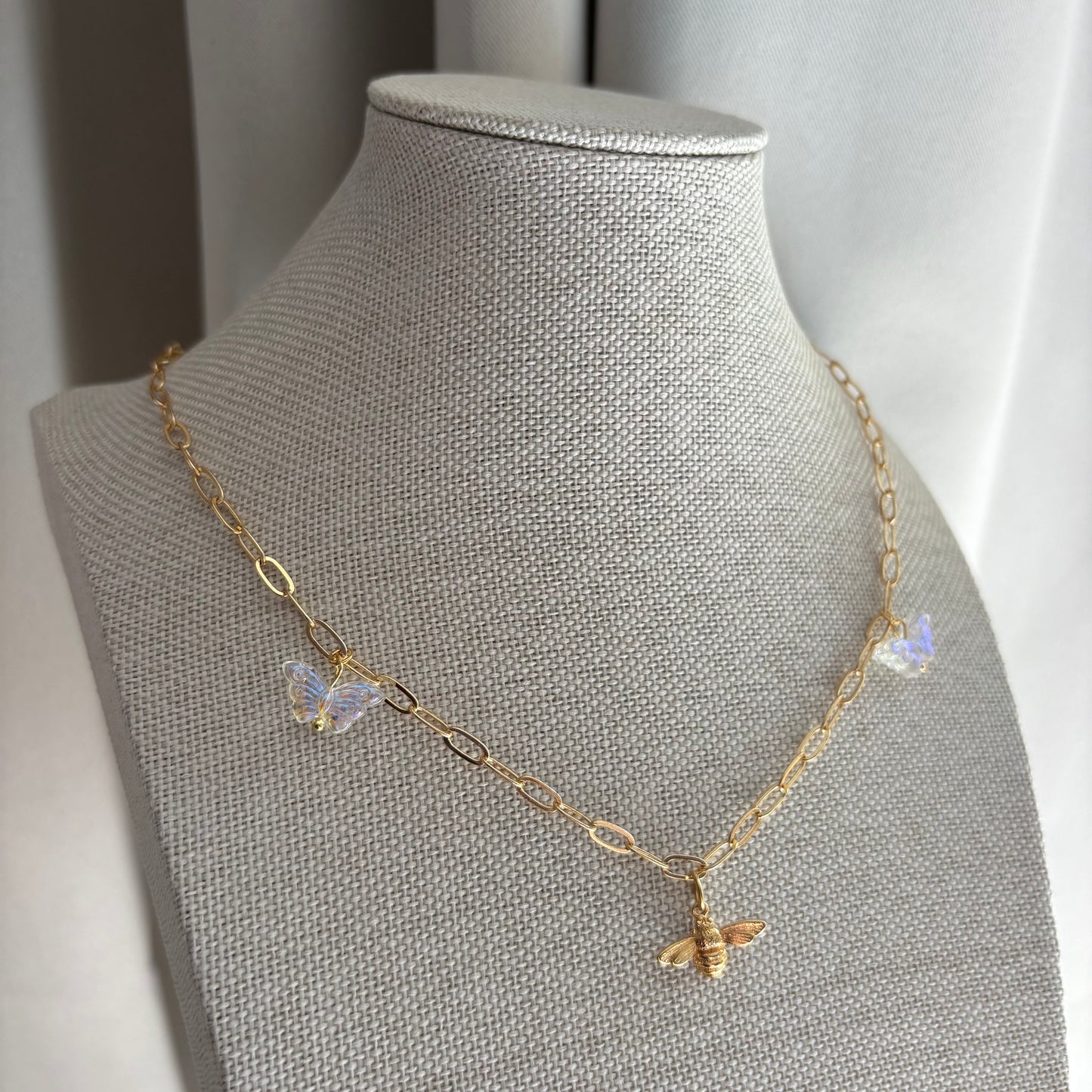 18k gold plated paperclip charm necklace with gold bee and butterflies necklace