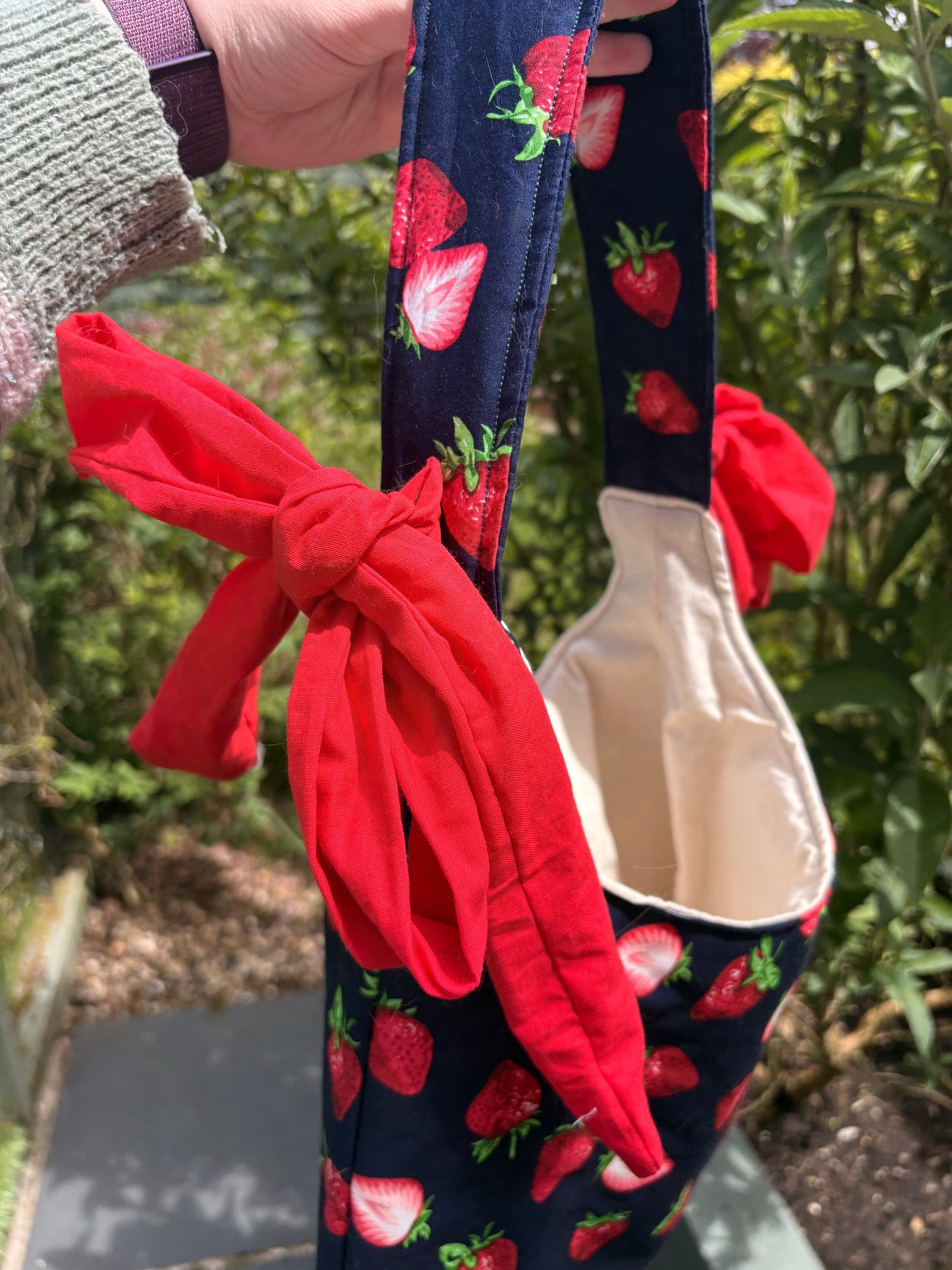 COMING SOON... Handmade navy blue red strawberry coquette padded tote bag with bows