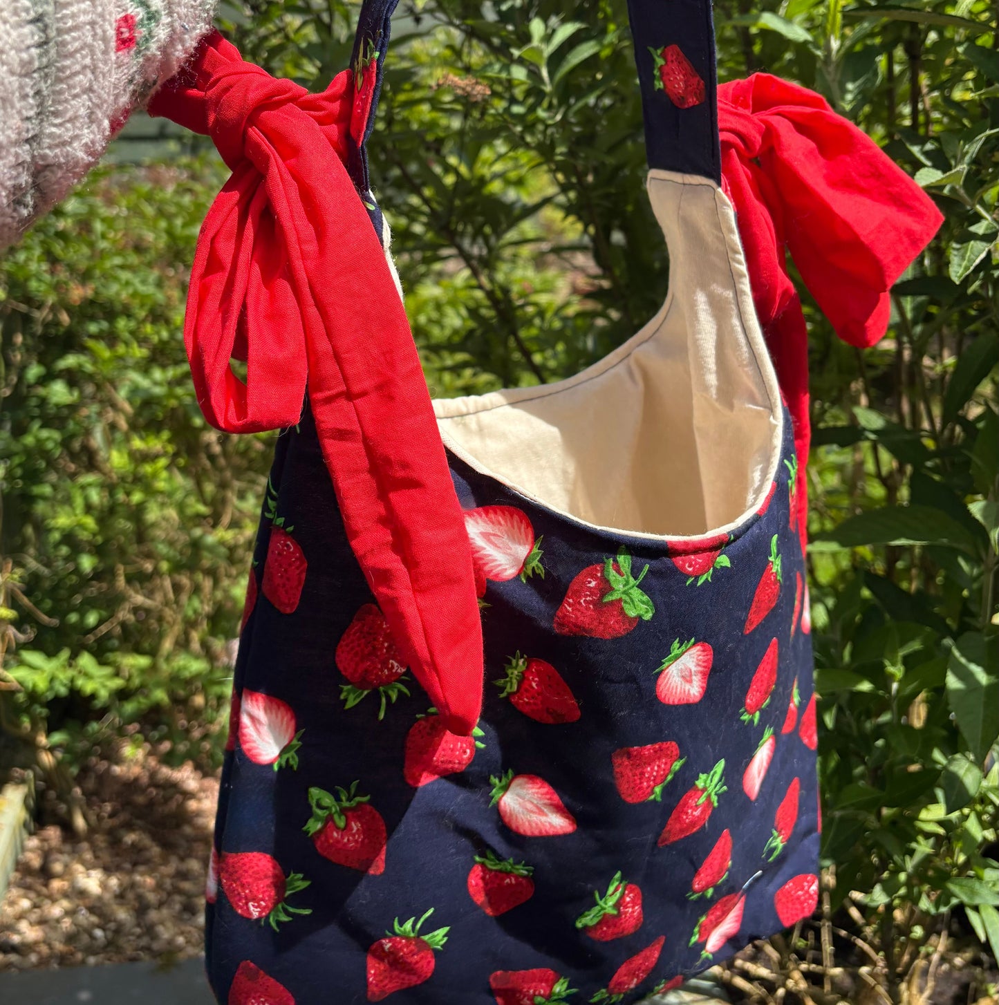COMING SOON... Handmade navy blue red strawberry coquette padded tote bag with bows