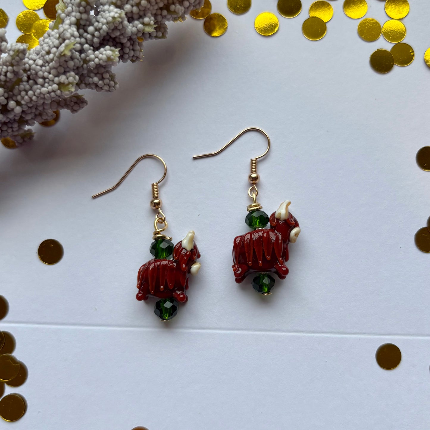 Green crystal highland cow earrings