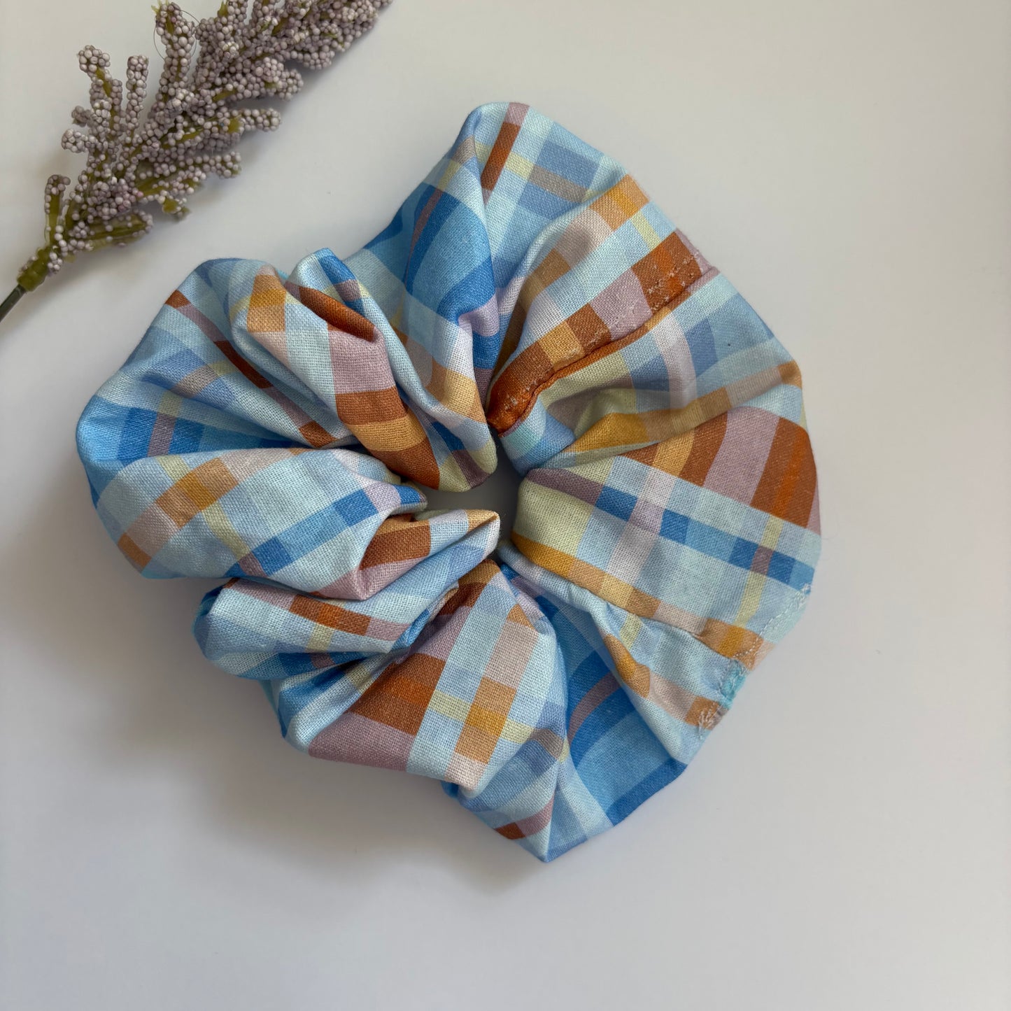 Cool gingham check blue and brown large hair scrunchie