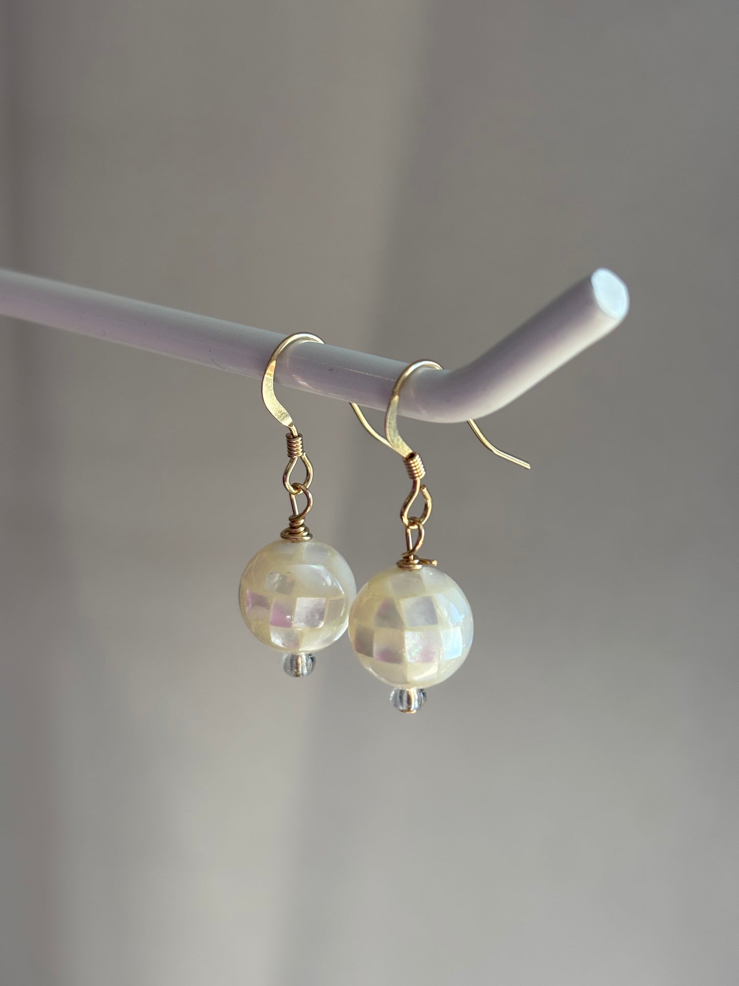14k gold filled mother of pearl white "disco" earrings