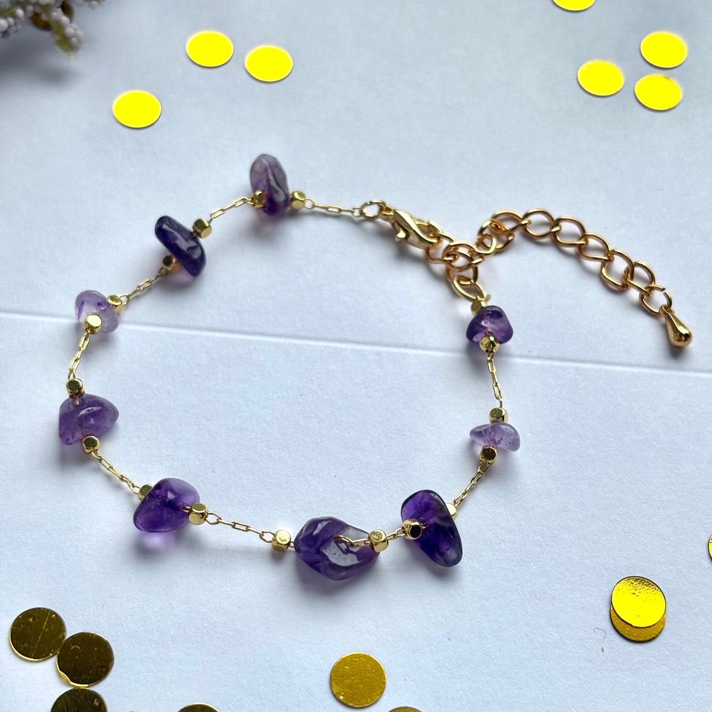 Gold plated purple amethyst bracelet crystal with extender chain