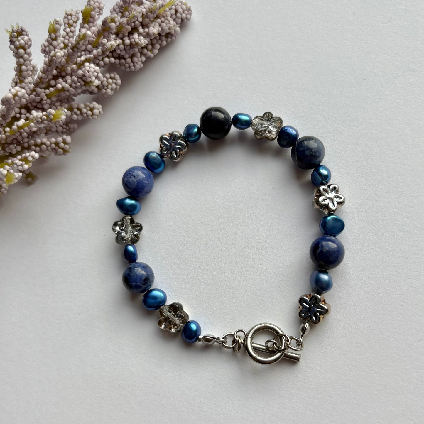 Midnight Bloom Bracelet - blue sodalite and blue pearls with flowers