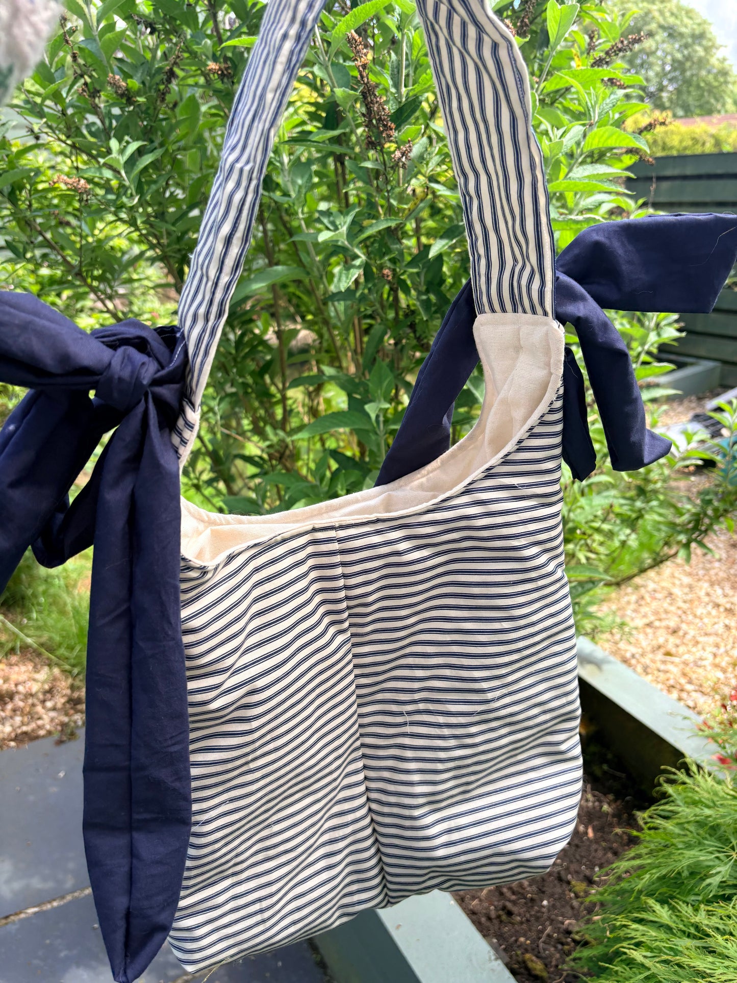 COMING SOON... Handmade white and navy blue stripe coquette padded tote bag with bows