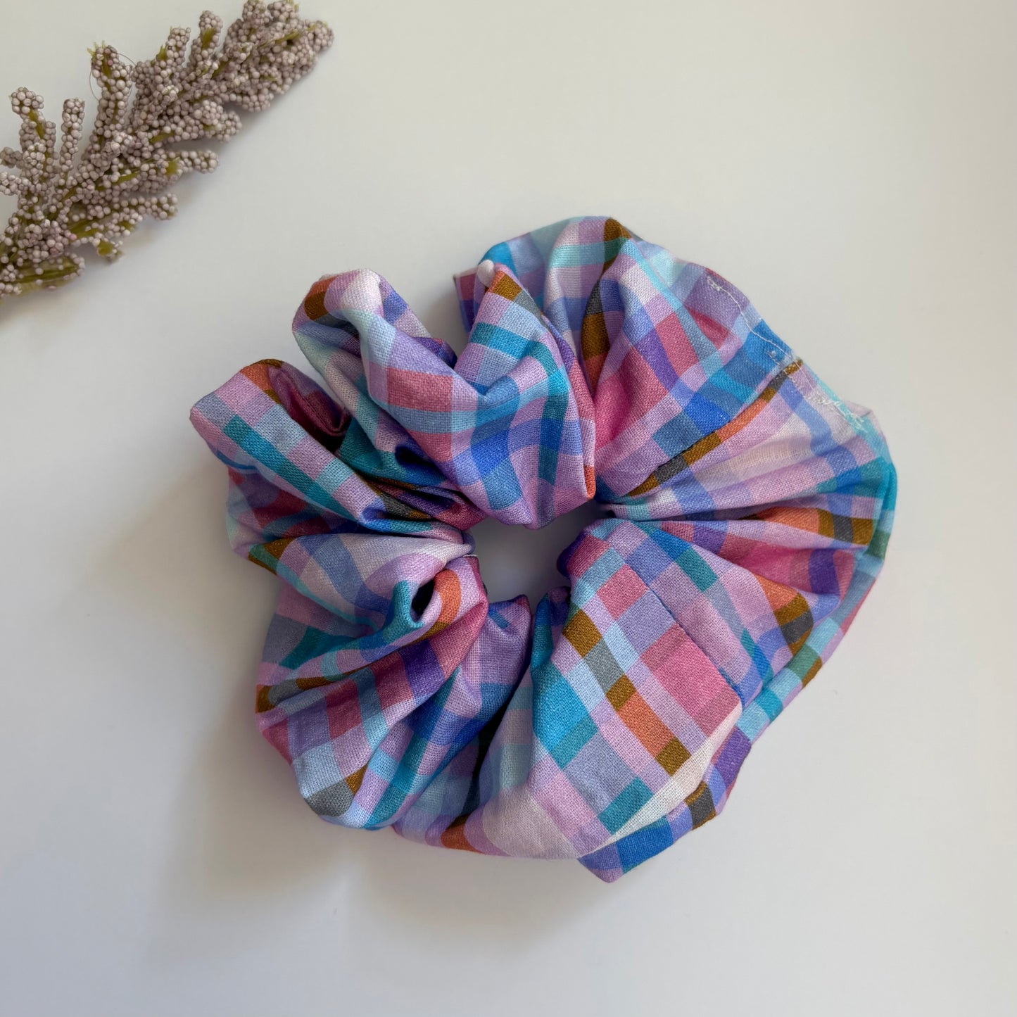 Cool gingham check purple, pink and blue large hair scrunchie