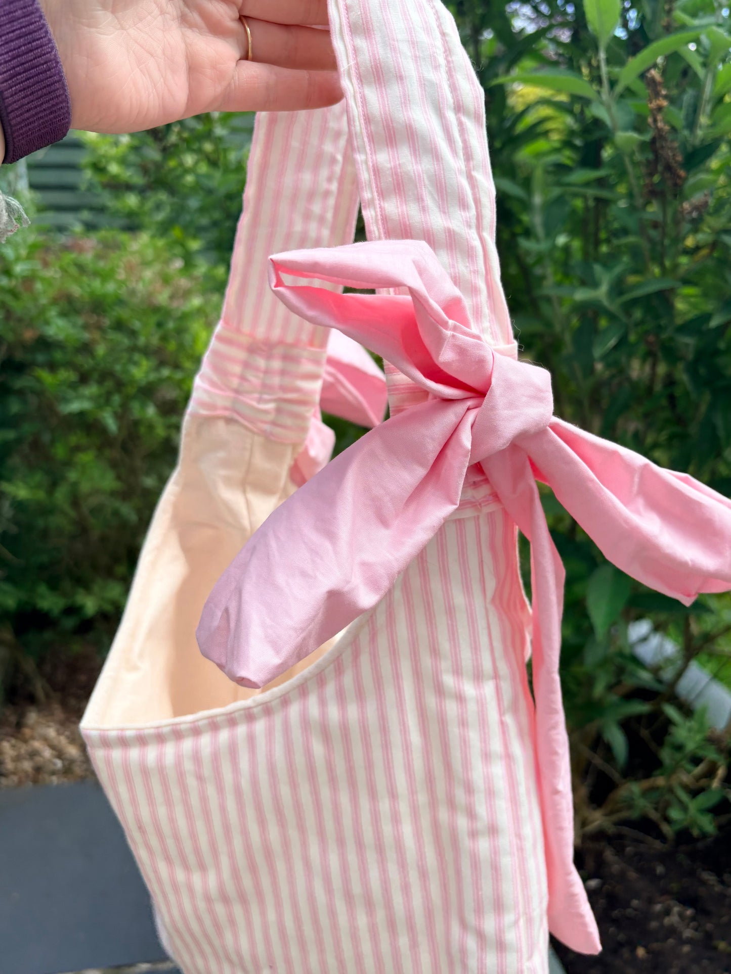 COMING SOON... Handmade white and pink stripe coquette padded tote bag with bows