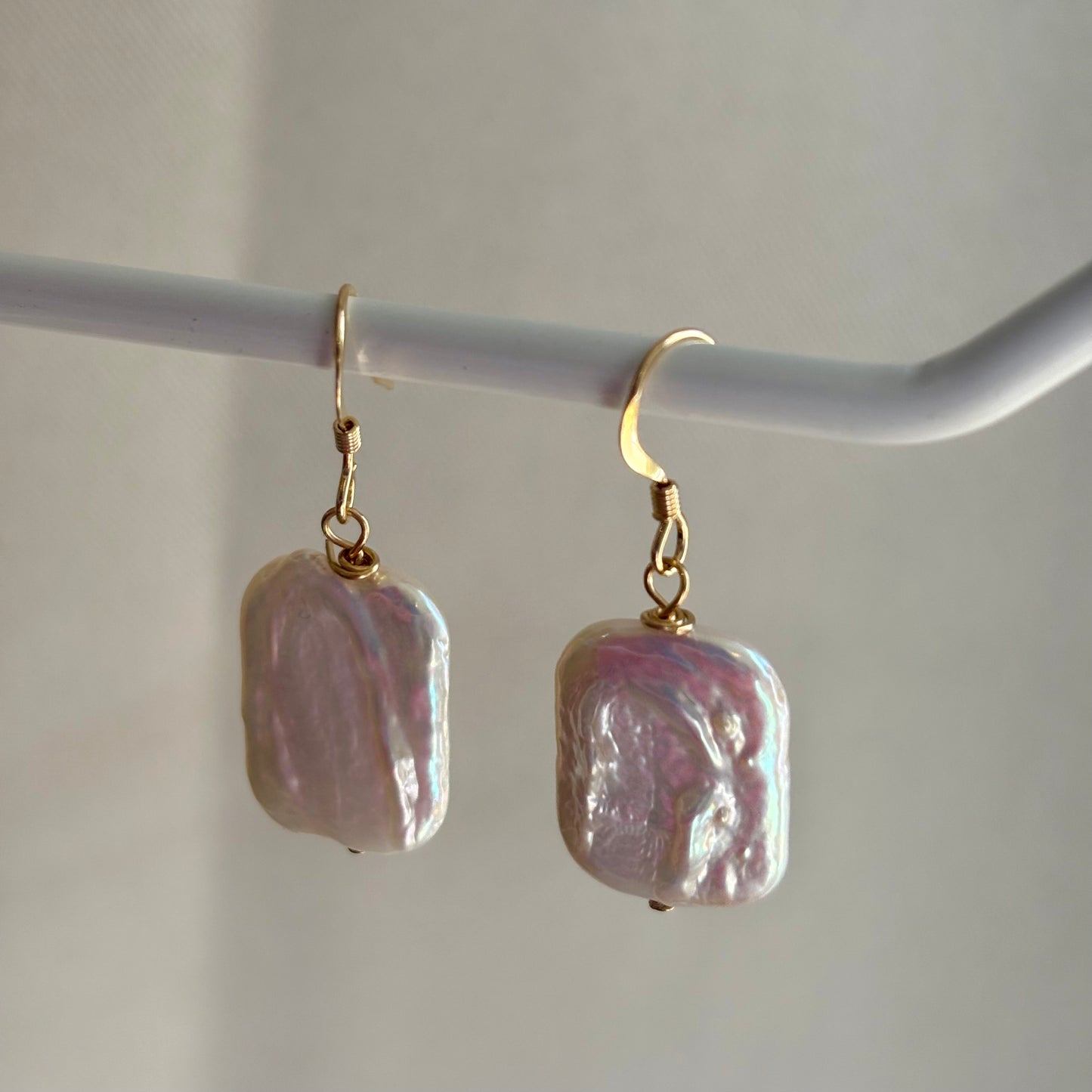 Large nucleated rectangular freshwater pearl sterling silver or 14k gold filled earrings and necklace