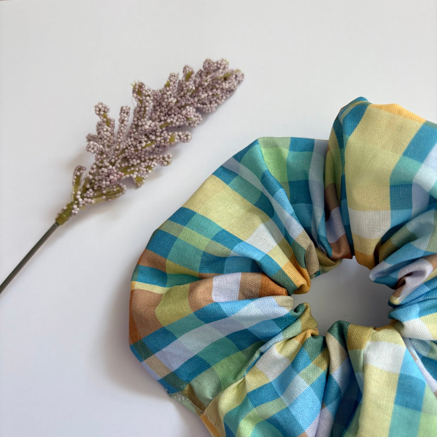 Cool gingham check green, yellow and brown large hair scrunchie