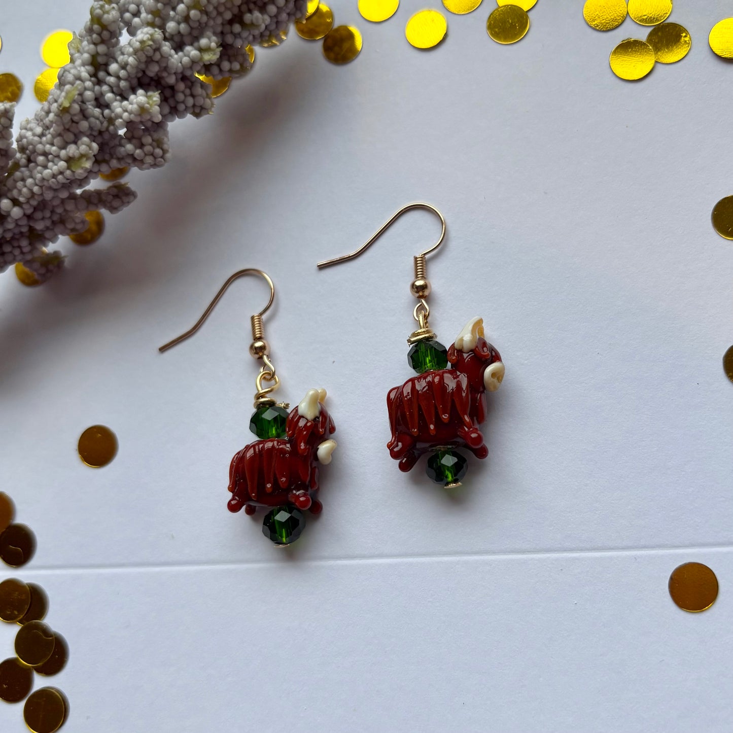 Green crystal highland cow earrings