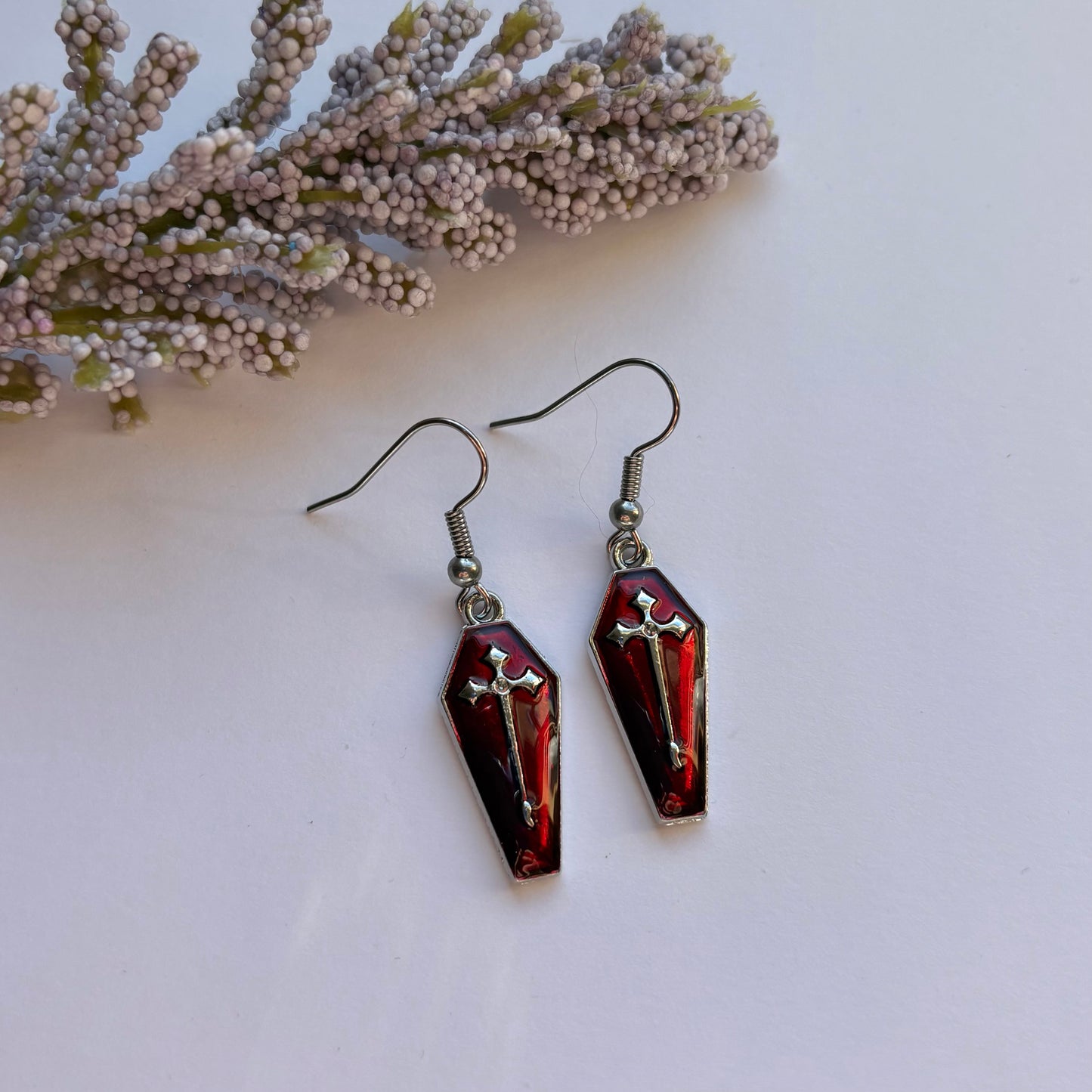 Dark red silver coffin with cross halloween dangle earrings