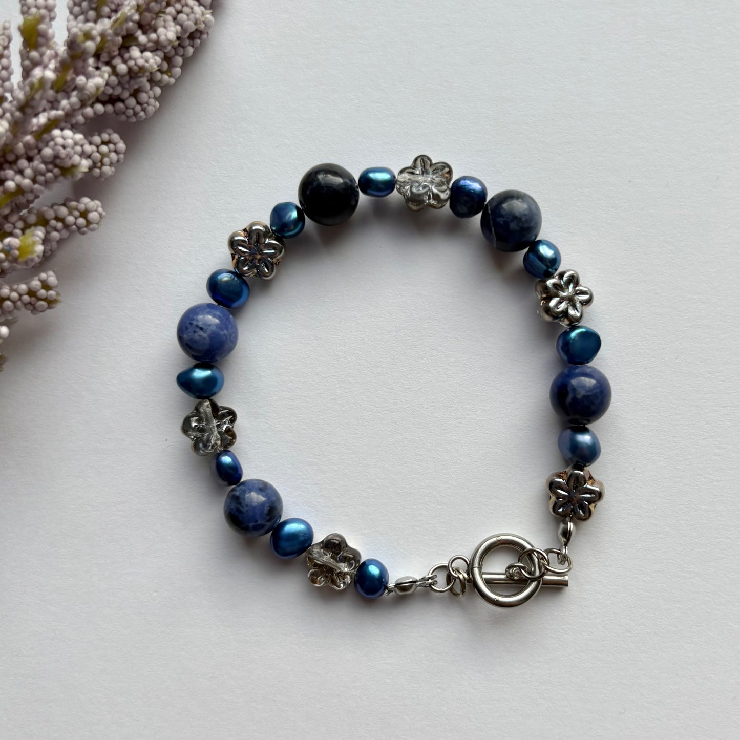 Midnight Bloom Bracelet - blue sodalite and blue pearls with flowers