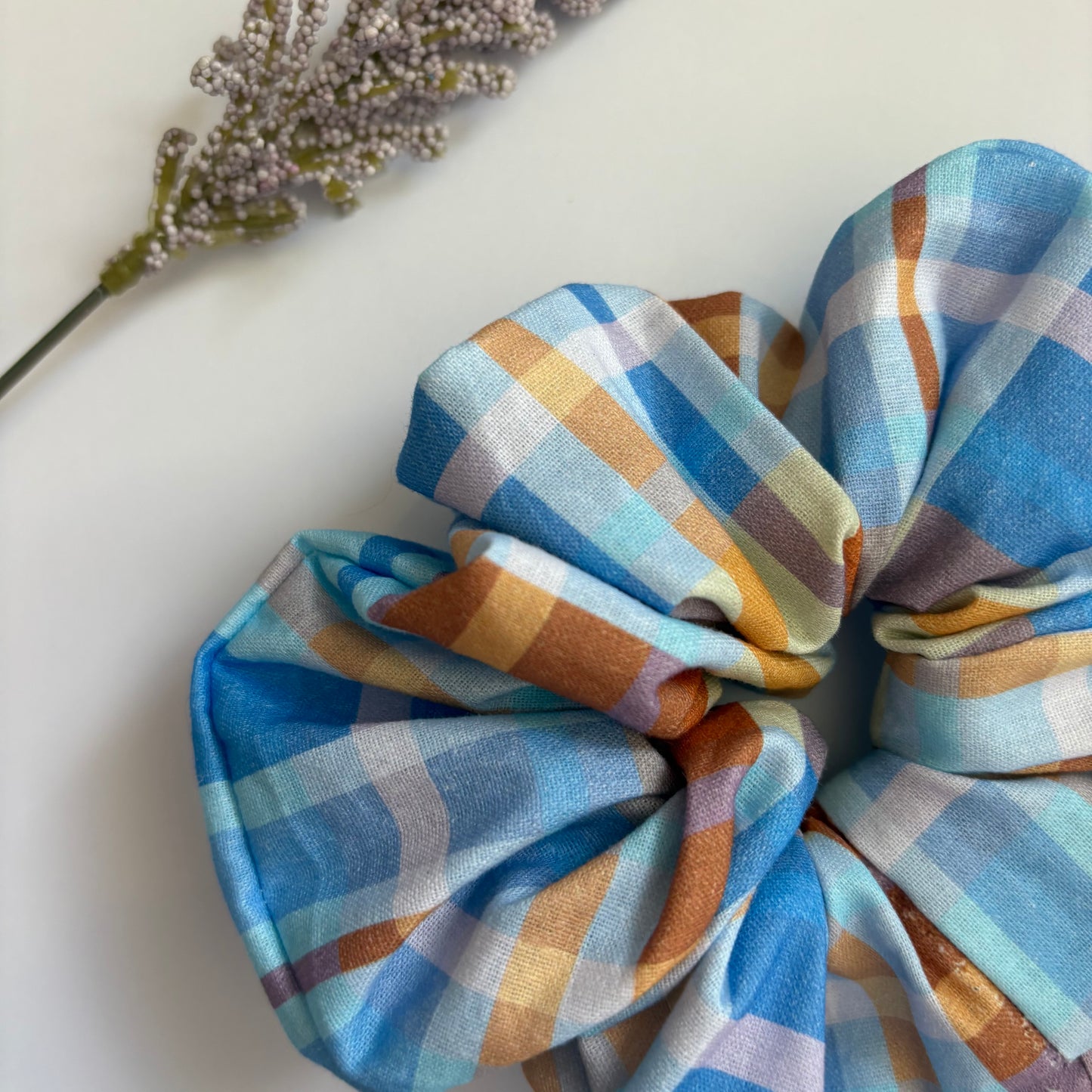 Cool gingham check blue and brown large hair scrunchie