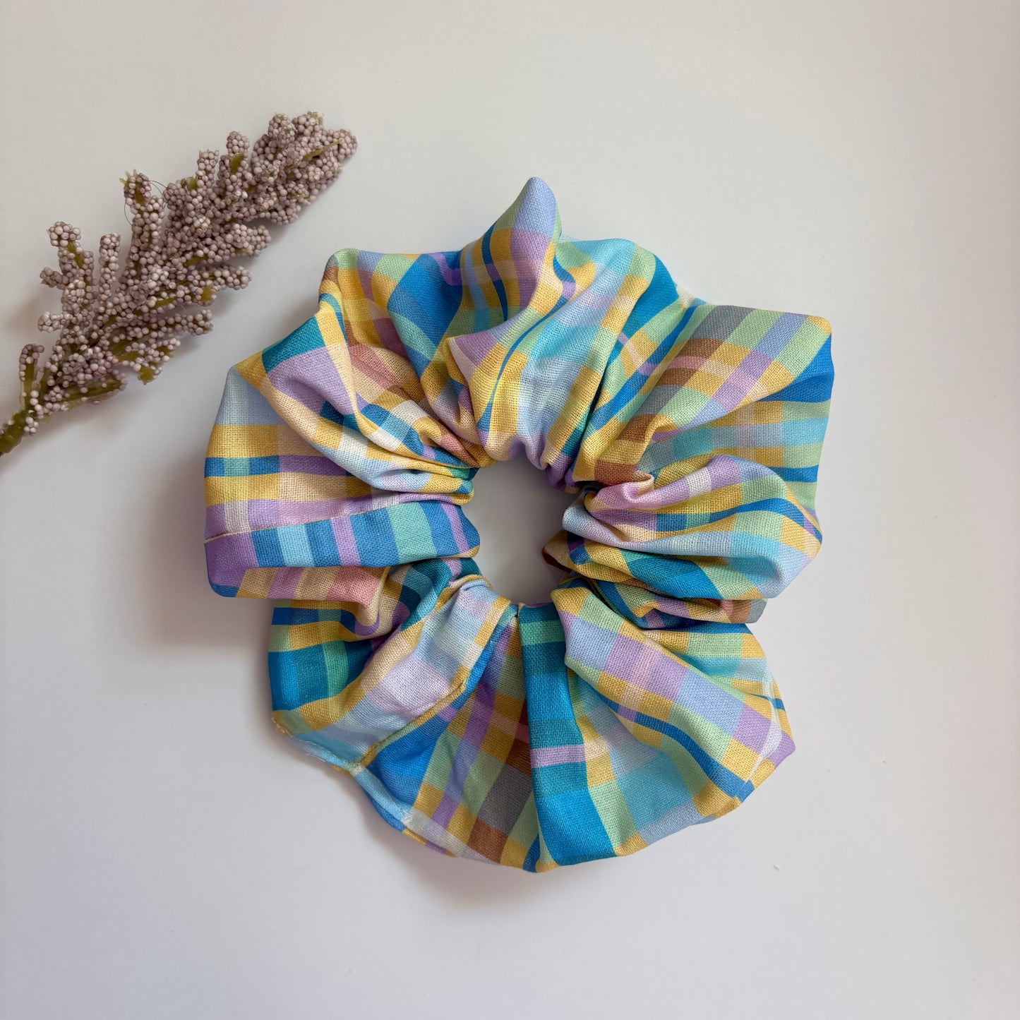 Cool gingham check blue, yellow and purple large hair scrunchie