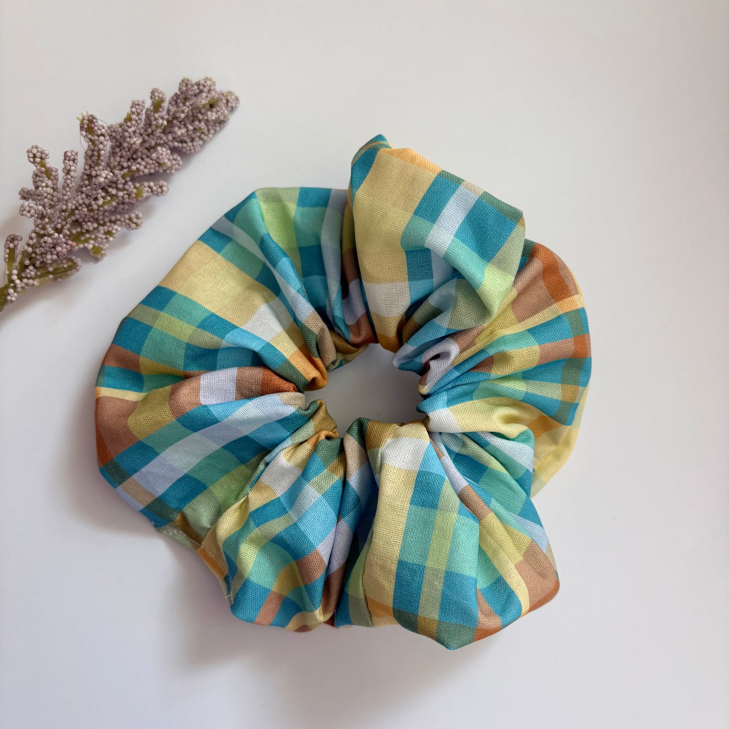 Cool gingham check green, yellow and brown large hair scrunchie