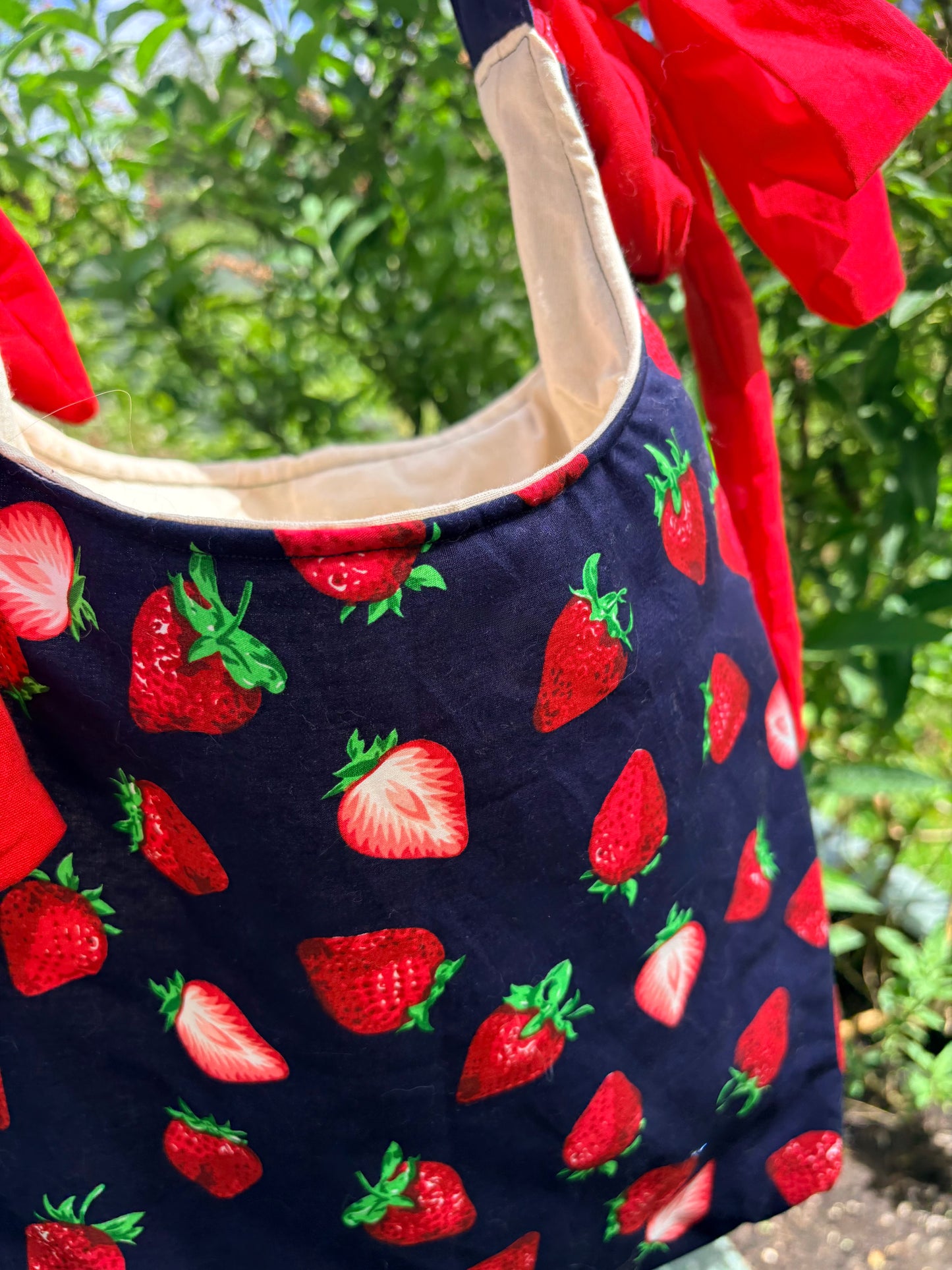 COMING SOON... Handmade navy blue red strawberry coquette padded tote bag with bows