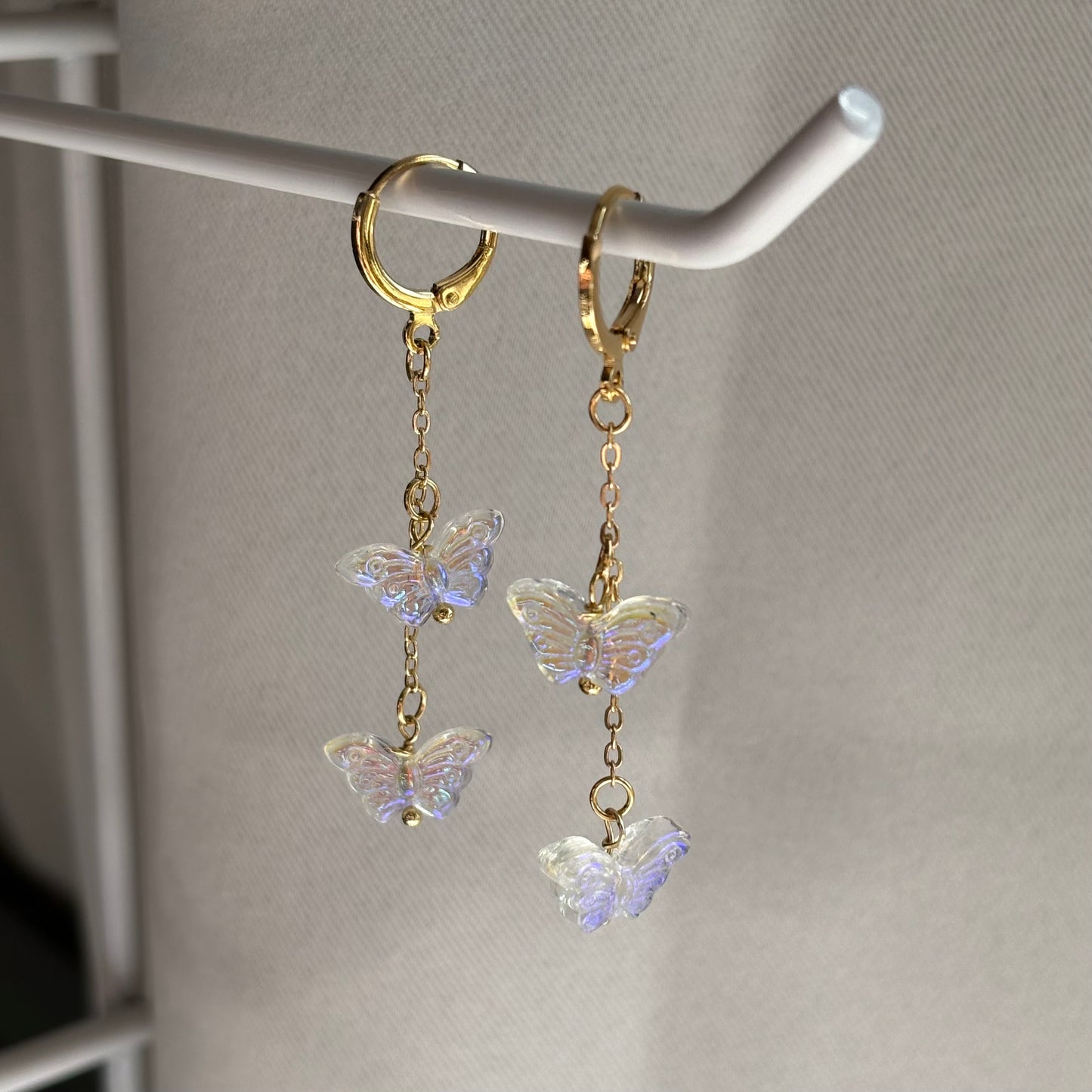 18k Gold plated chain huggie hoop earrings with clear iridescent butterflies