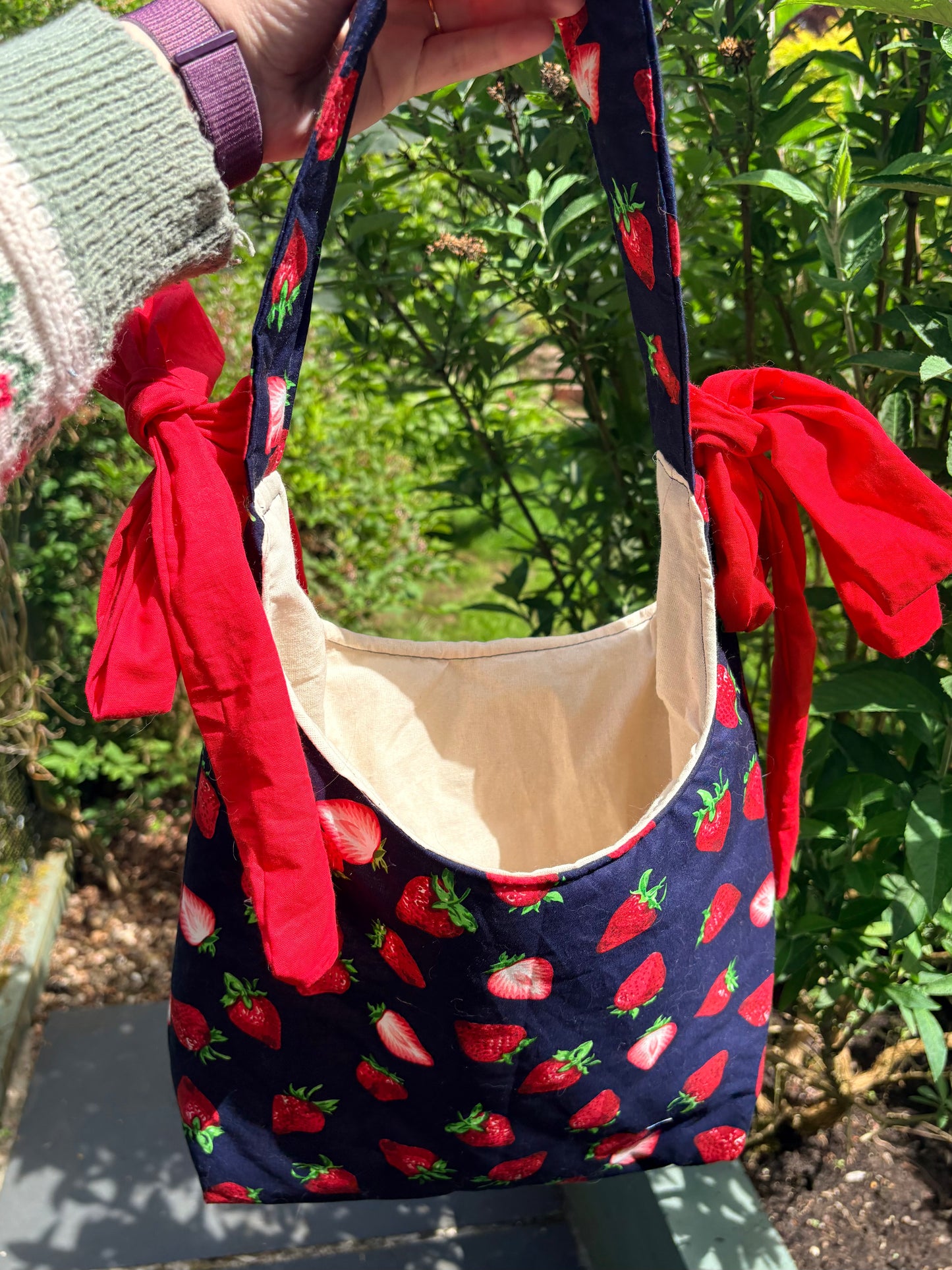 COMING SOON... Handmade navy blue red strawberry coquette padded tote bag with bows