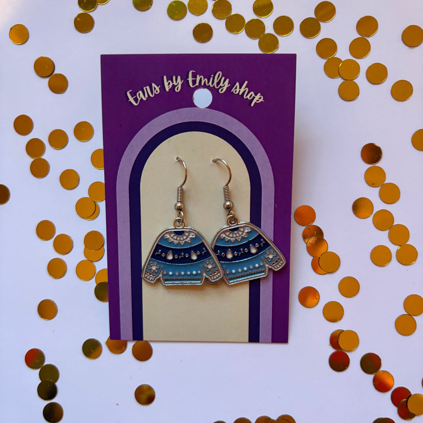 Silver and blue cartoon winter jumper dangle Christmas earrings