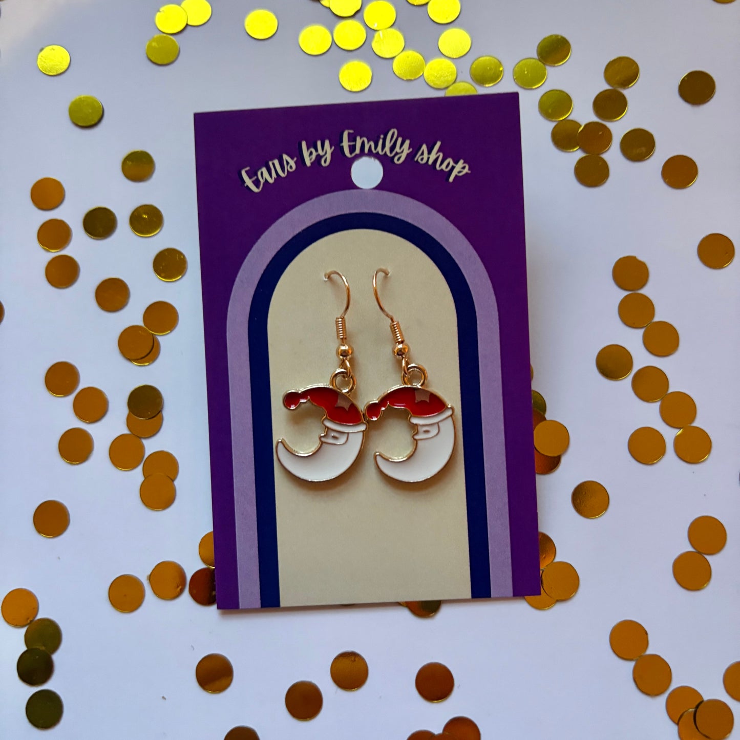 Gold cartoon Santa moon face dangle Christmas earrings