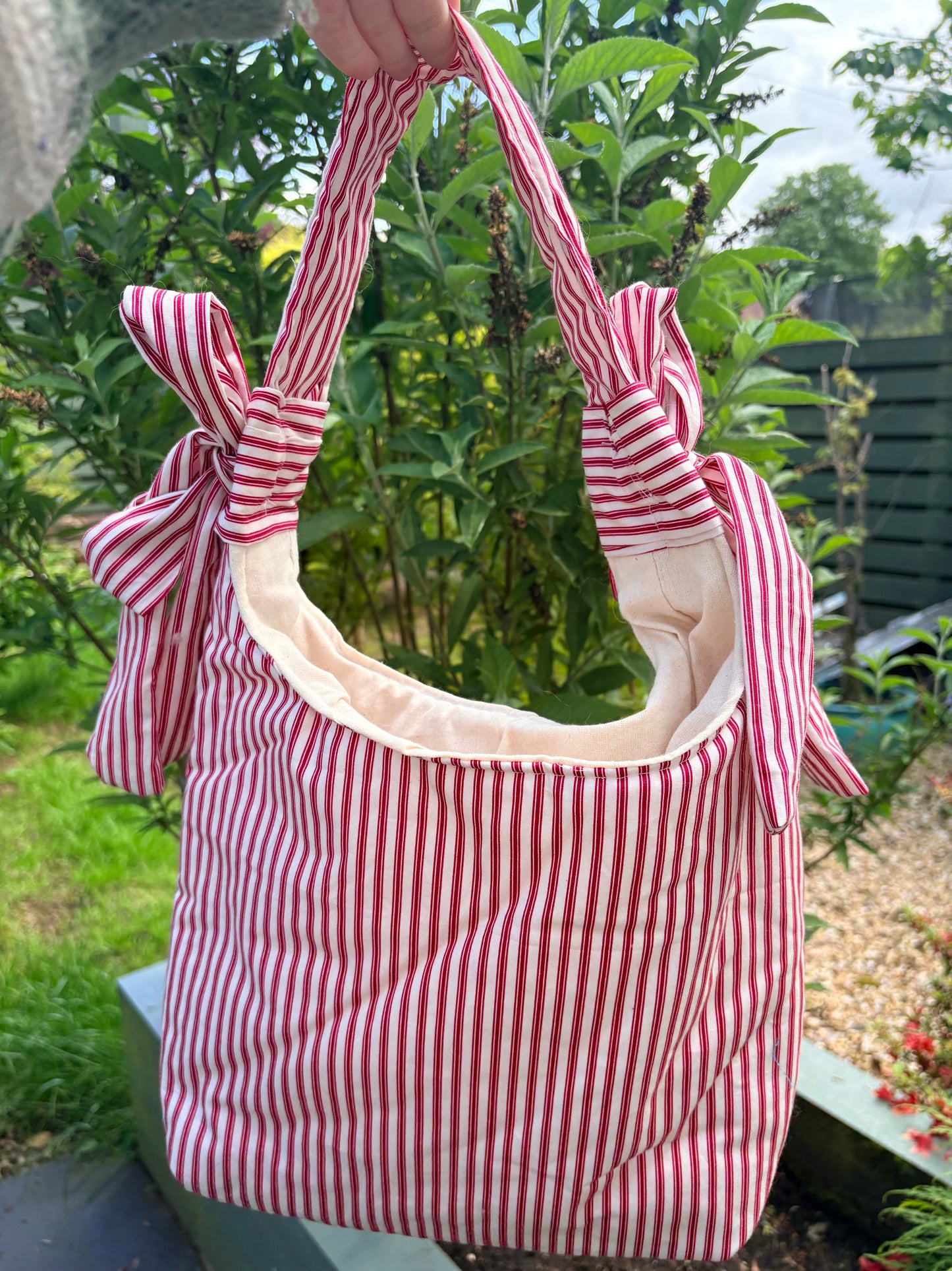 COMING SOON... Handmade white and red stripe coquette padded tote bag with bows
