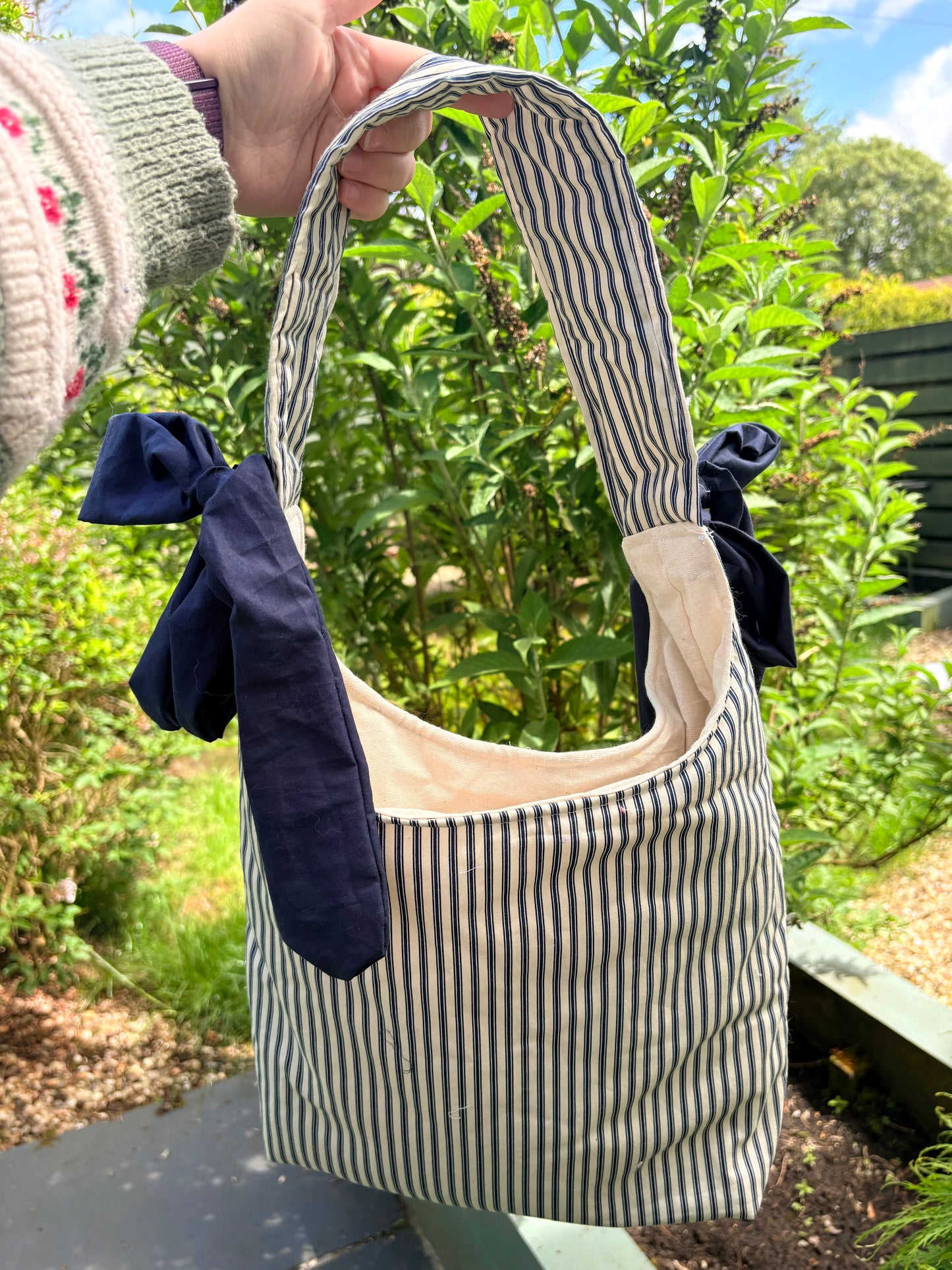 COMING SOON... Handmade white and navy blue stripe coquette padded tote bag with bows