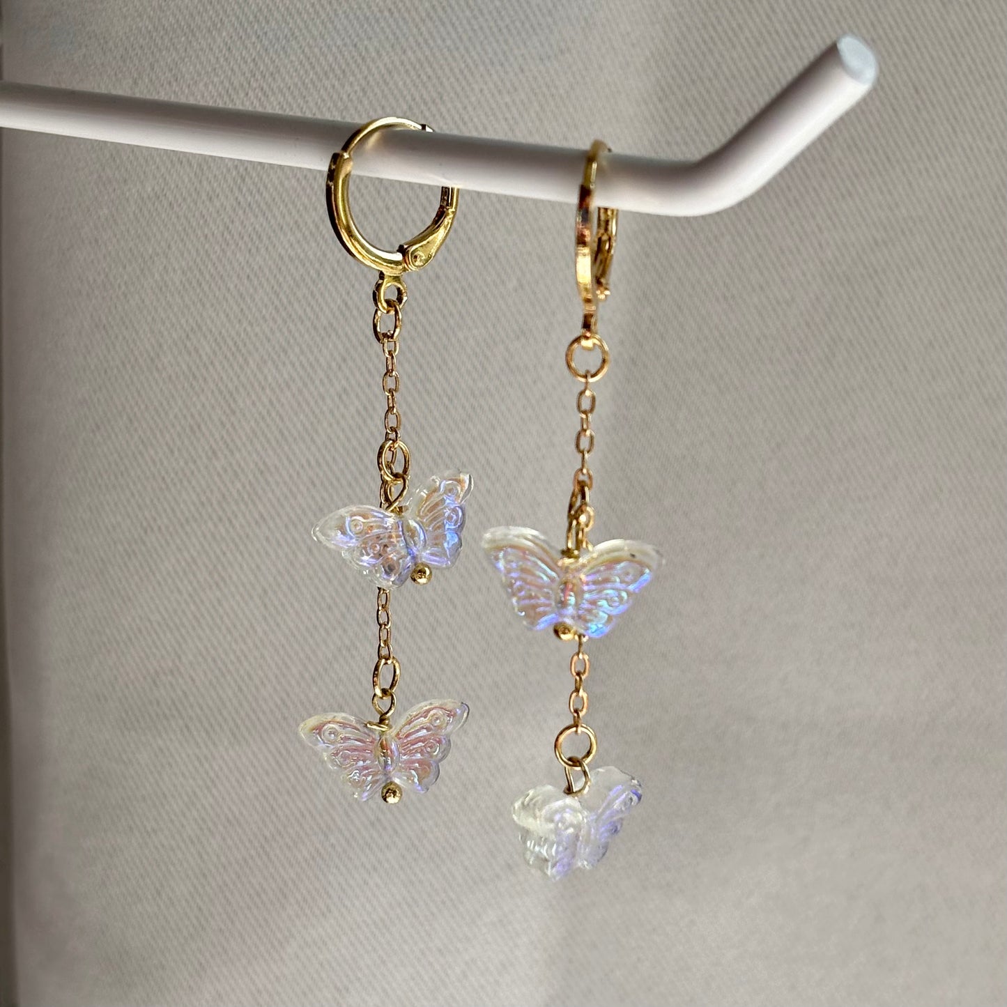 18k Gold plated chain huggie hoop earrings with clear iridescent butterflies