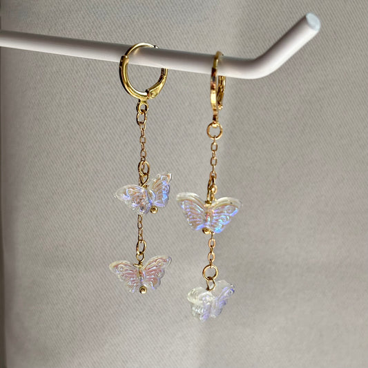 18k Gold plated chain huggie hoop earrings with clear iridescent butterflies