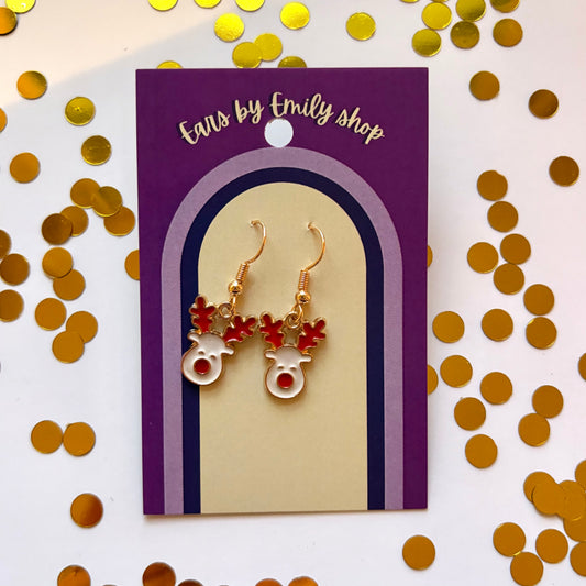 White and red reindeer gold dangle christmas earrings