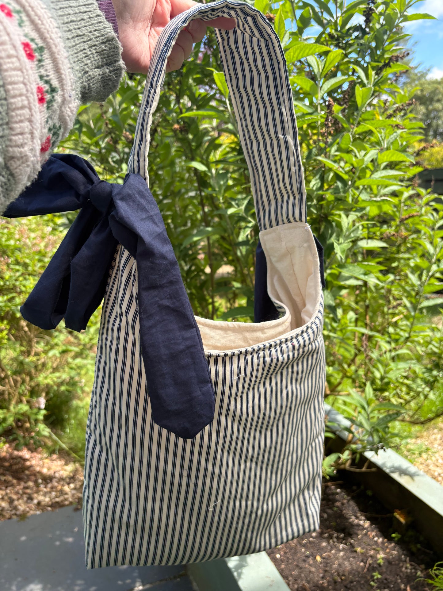 COMING SOON... Handmade white and navy blue stripe coquette padded tote bag with bows