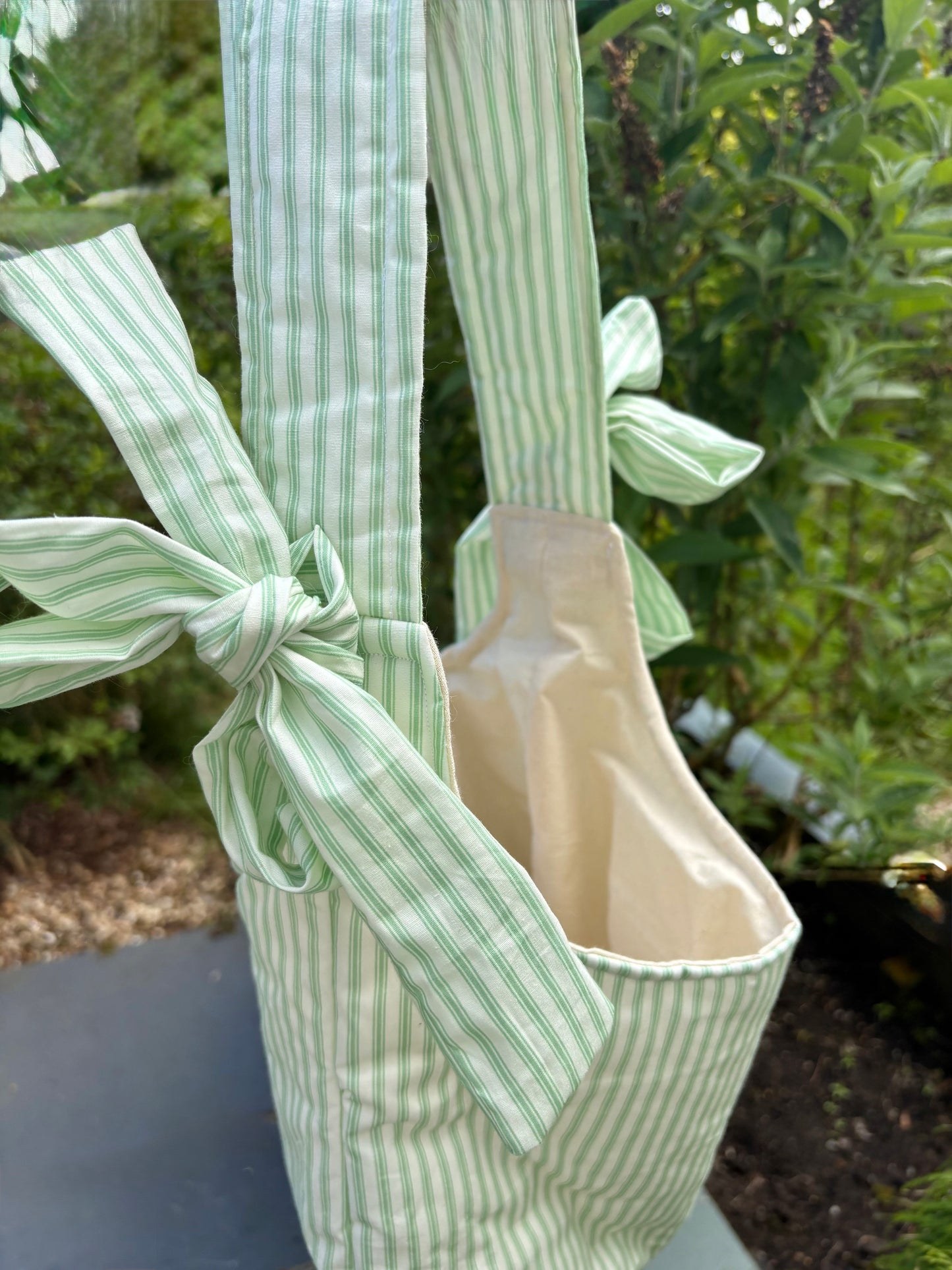 COMING SOON... Handmade white and green stripe coquette padded tote bag with bows