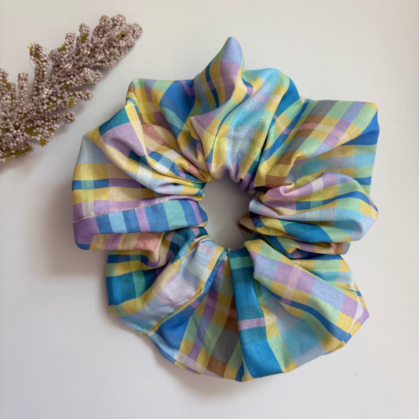 Cool gingham check blue, yellow and purple large hair scrunchie