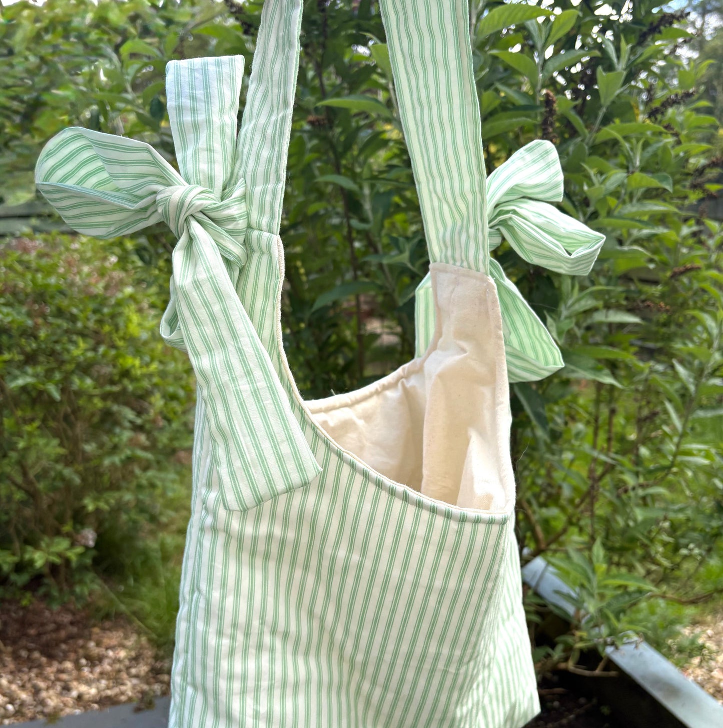 COMING SOON... Handmade white and green stripe coquette padded tote bag with bows