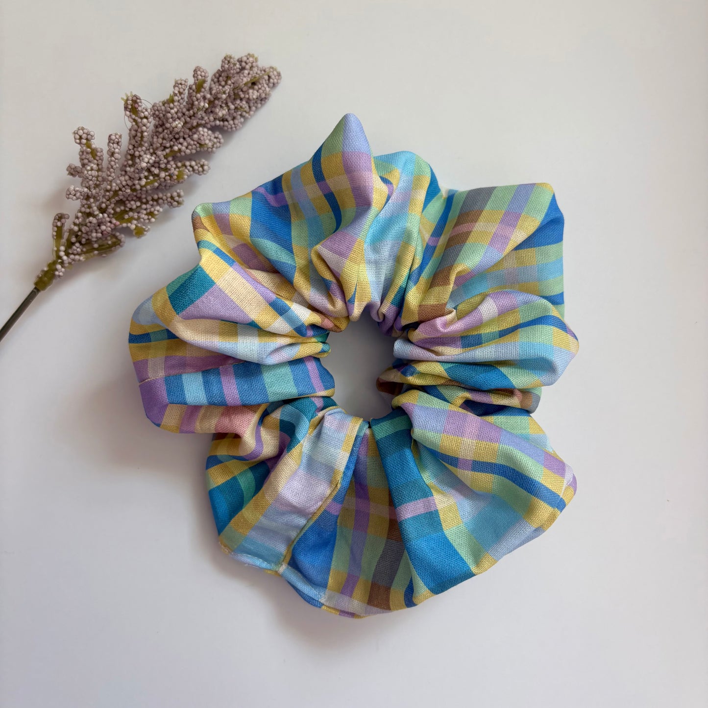 Cool gingham check blue, yellow and purple large hair scrunchie