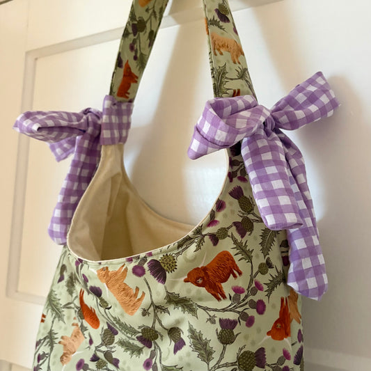 Handmade Scottish highland cow bow padded tote bag