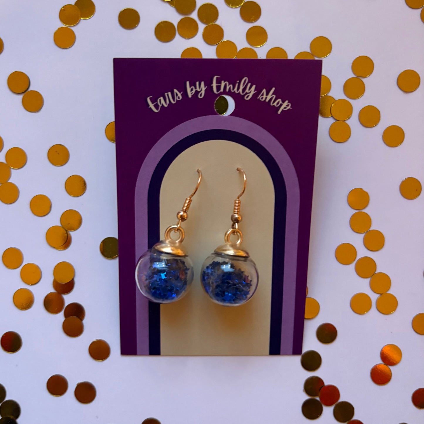 Blue star sparkle bauble Christmas dangle earrings gold plated
