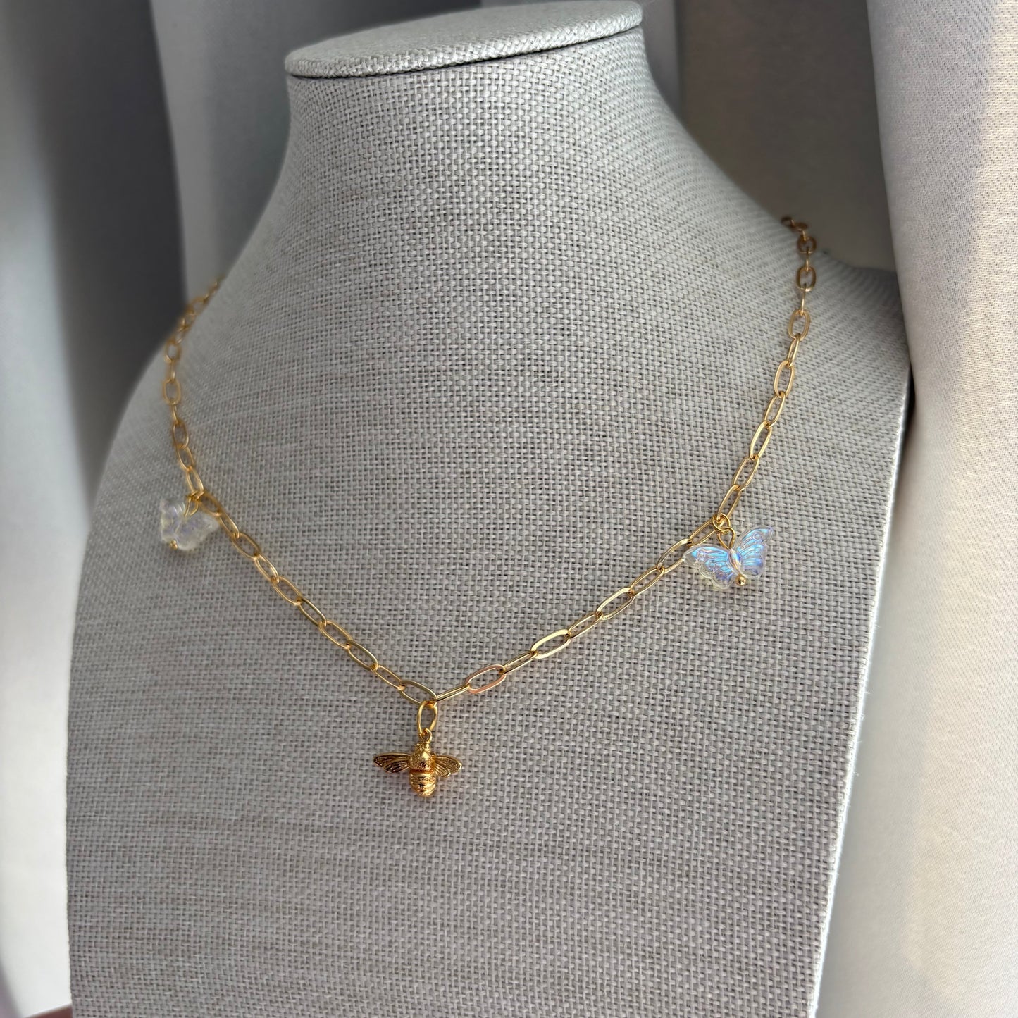 18k gold plated paperclip charm necklace with gold bee and butterflies necklace