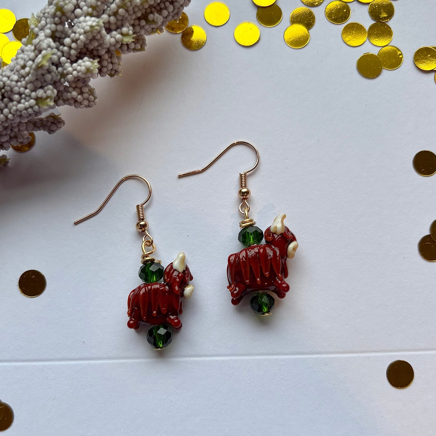 Green crystal highland cow earrings