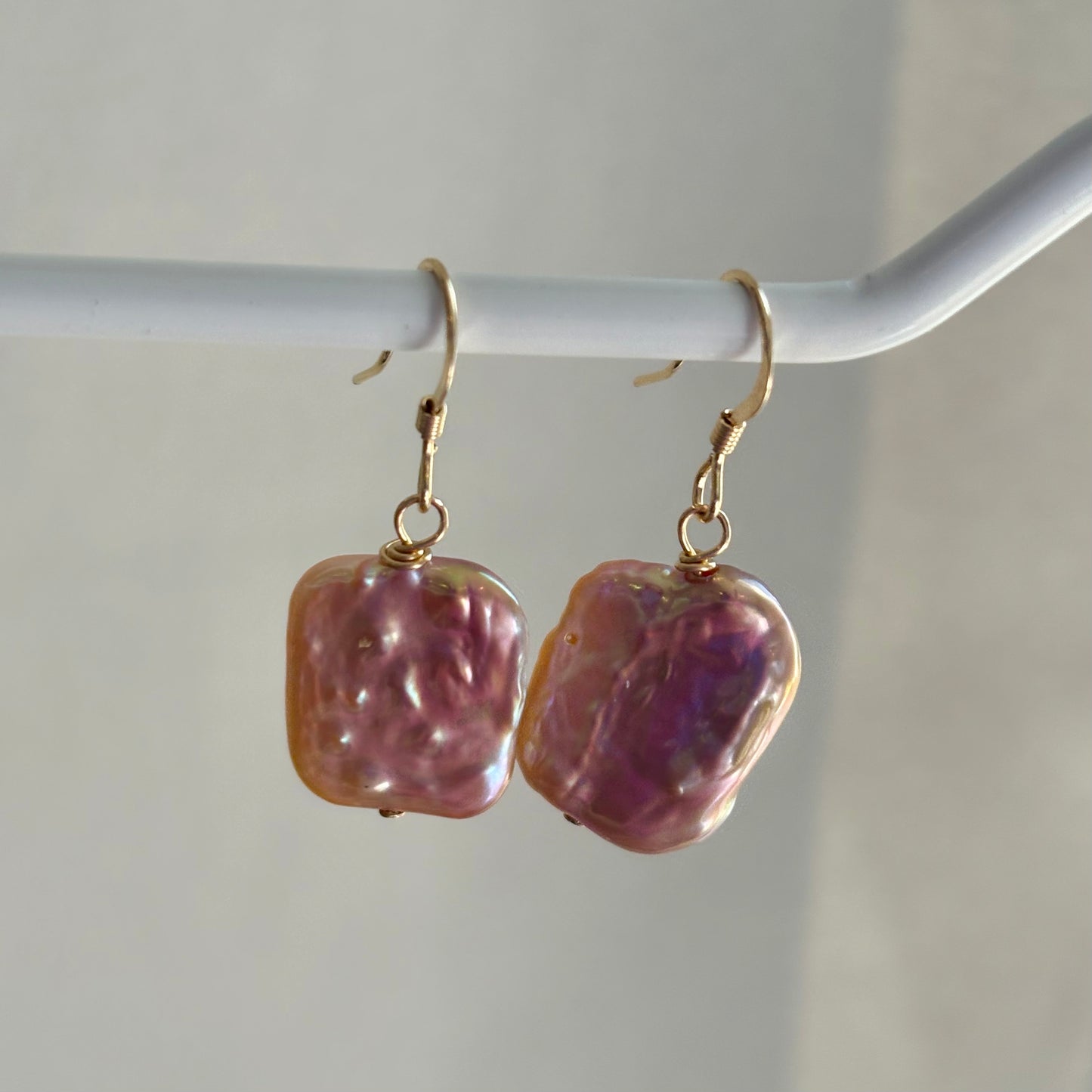 Large nucleated rectangular freshwater pearl sterling silver or 14k gold filled earrings and necklace