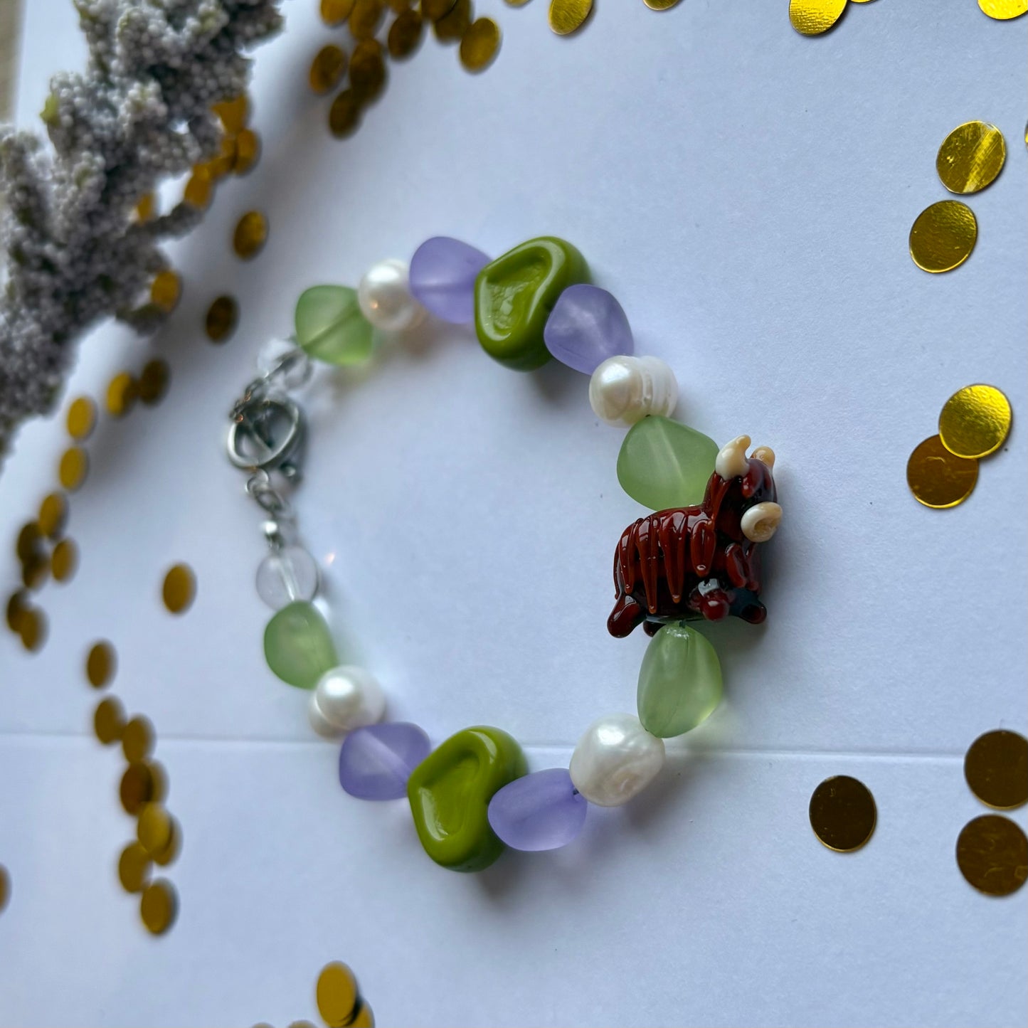 Handmade green and purple highland cow freshwater pearl bracelet