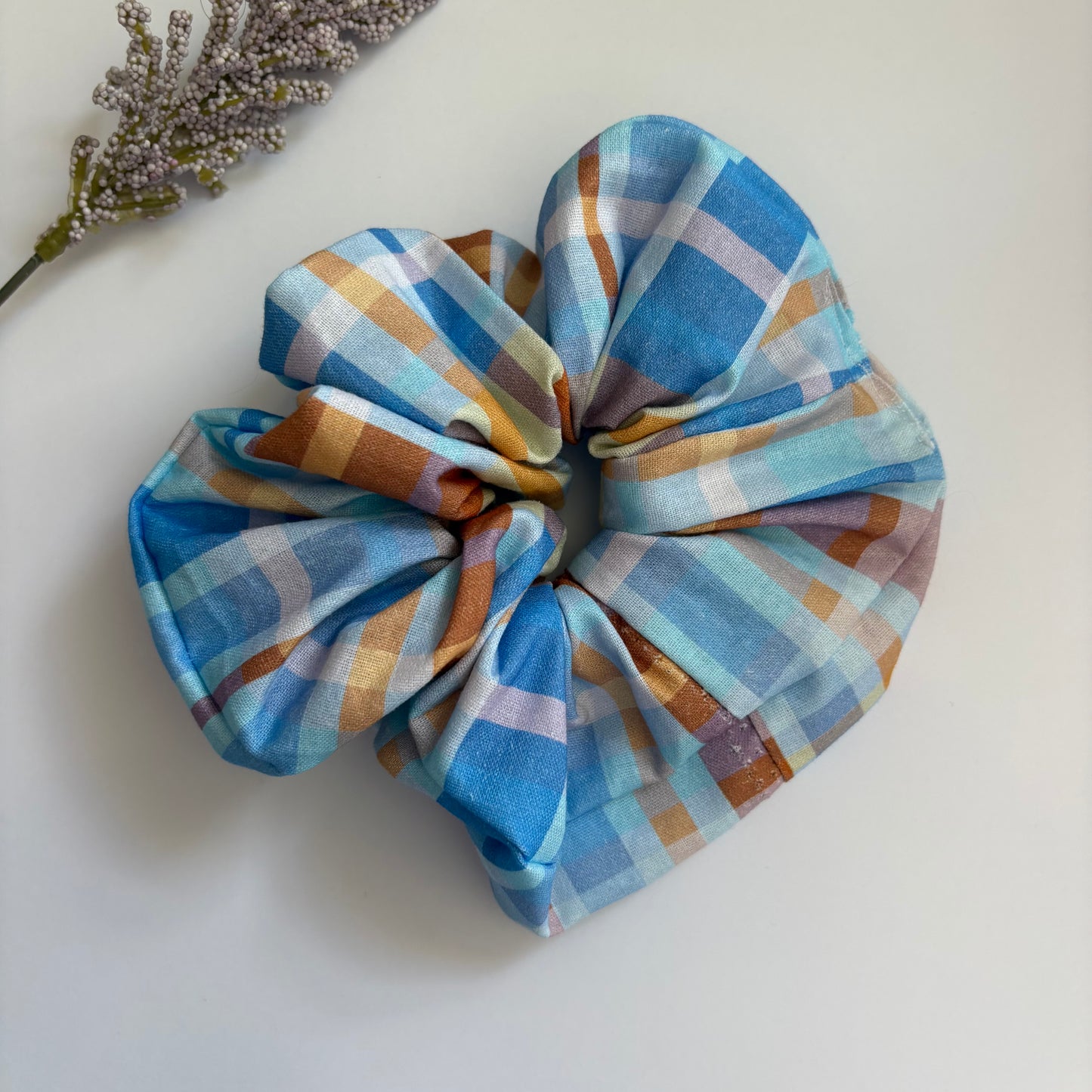 Cool gingham check blue and brown large hair scrunchie