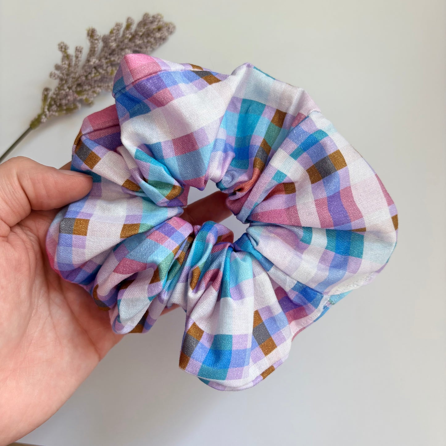 Cool gingham check purple, pink and blue large hair scrunchie