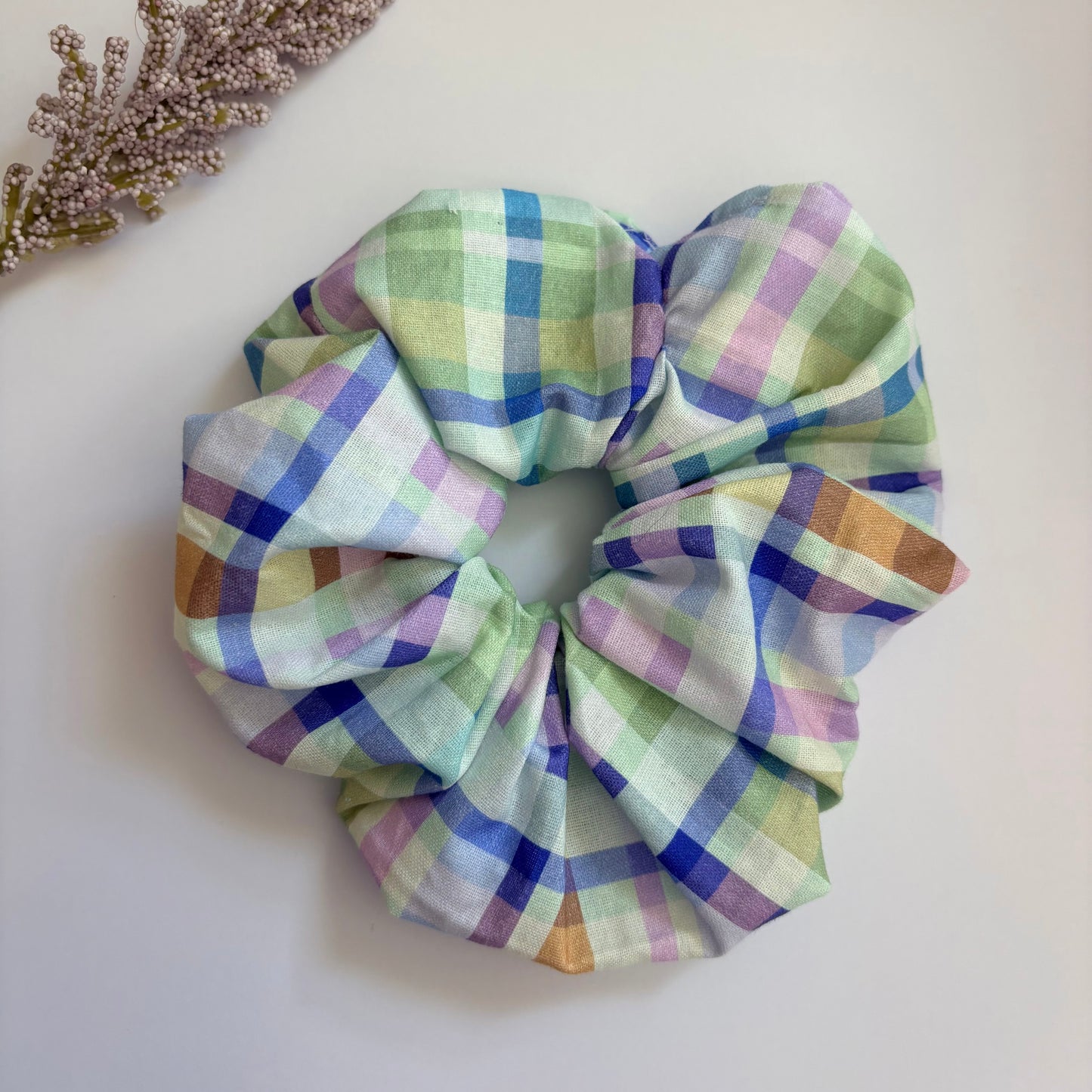Cool gingham check purple, green and blue large hair scrunchie