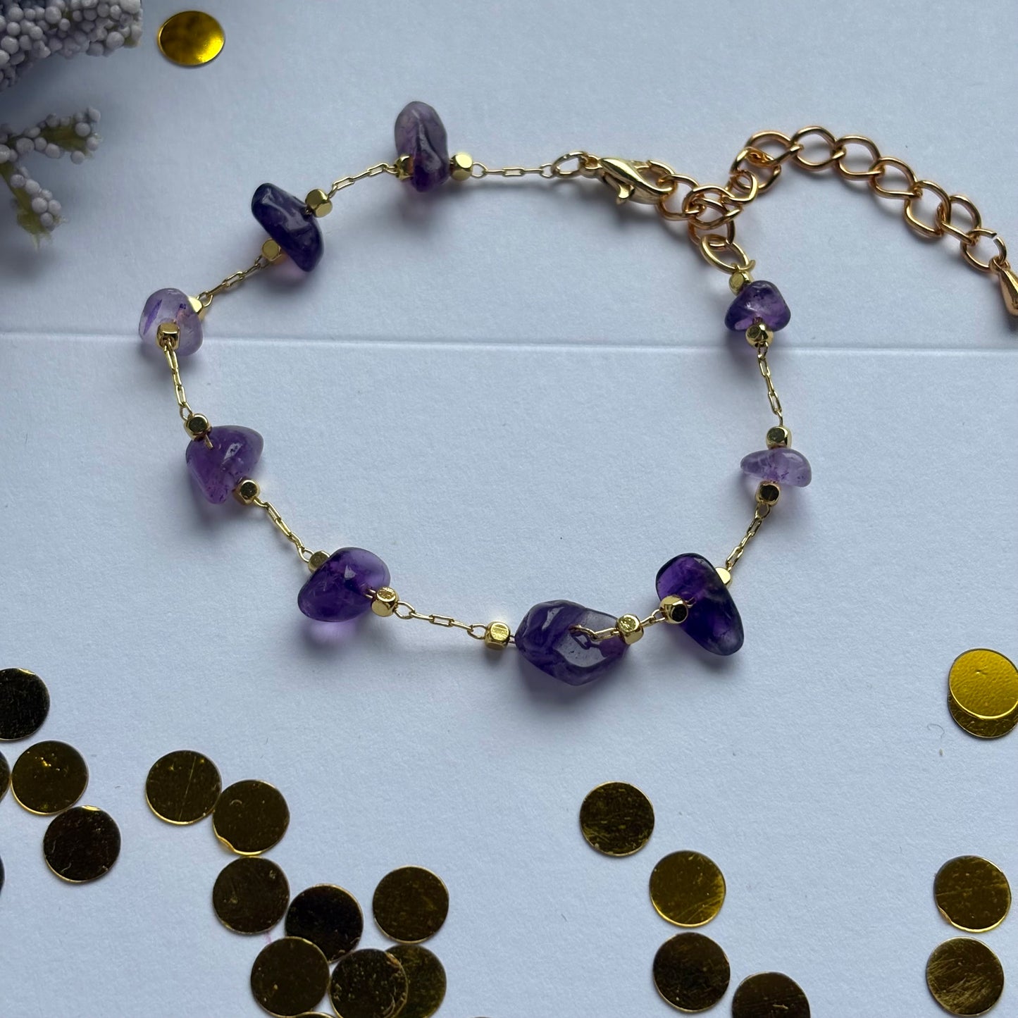 Gold plated purple amethyst bracelet crystal with extender chain