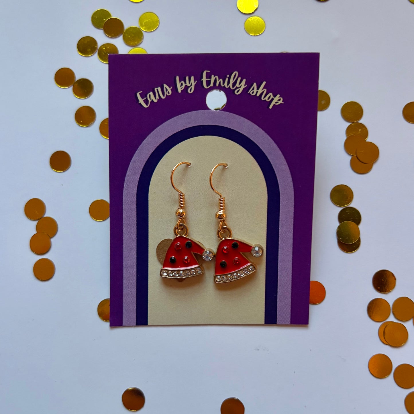 Gold cartoon santa hat sparkly diamanté dangle Christmas earrings