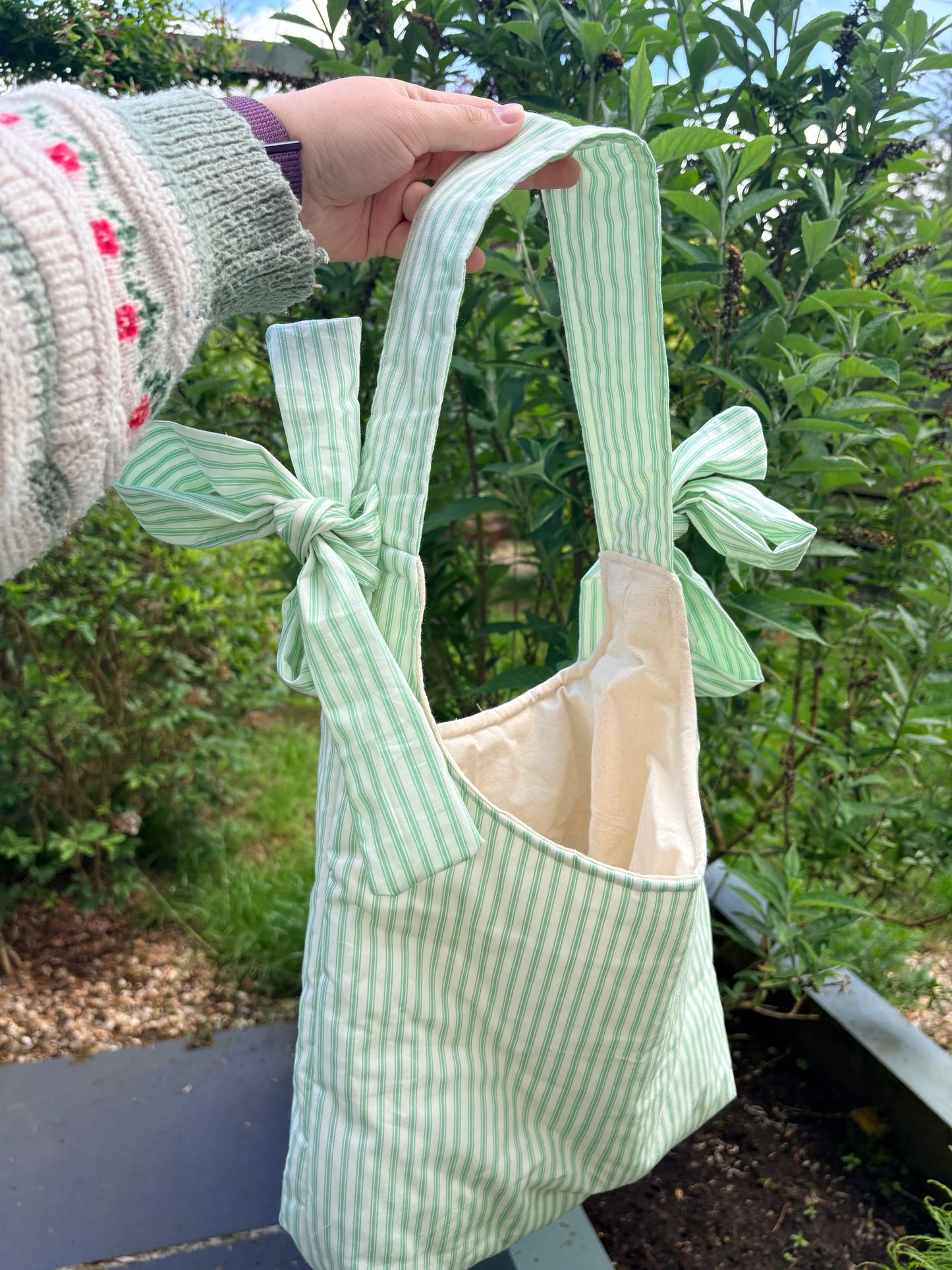 COMING SOON... Handmade white and green stripe coquette padded tote bag with bows