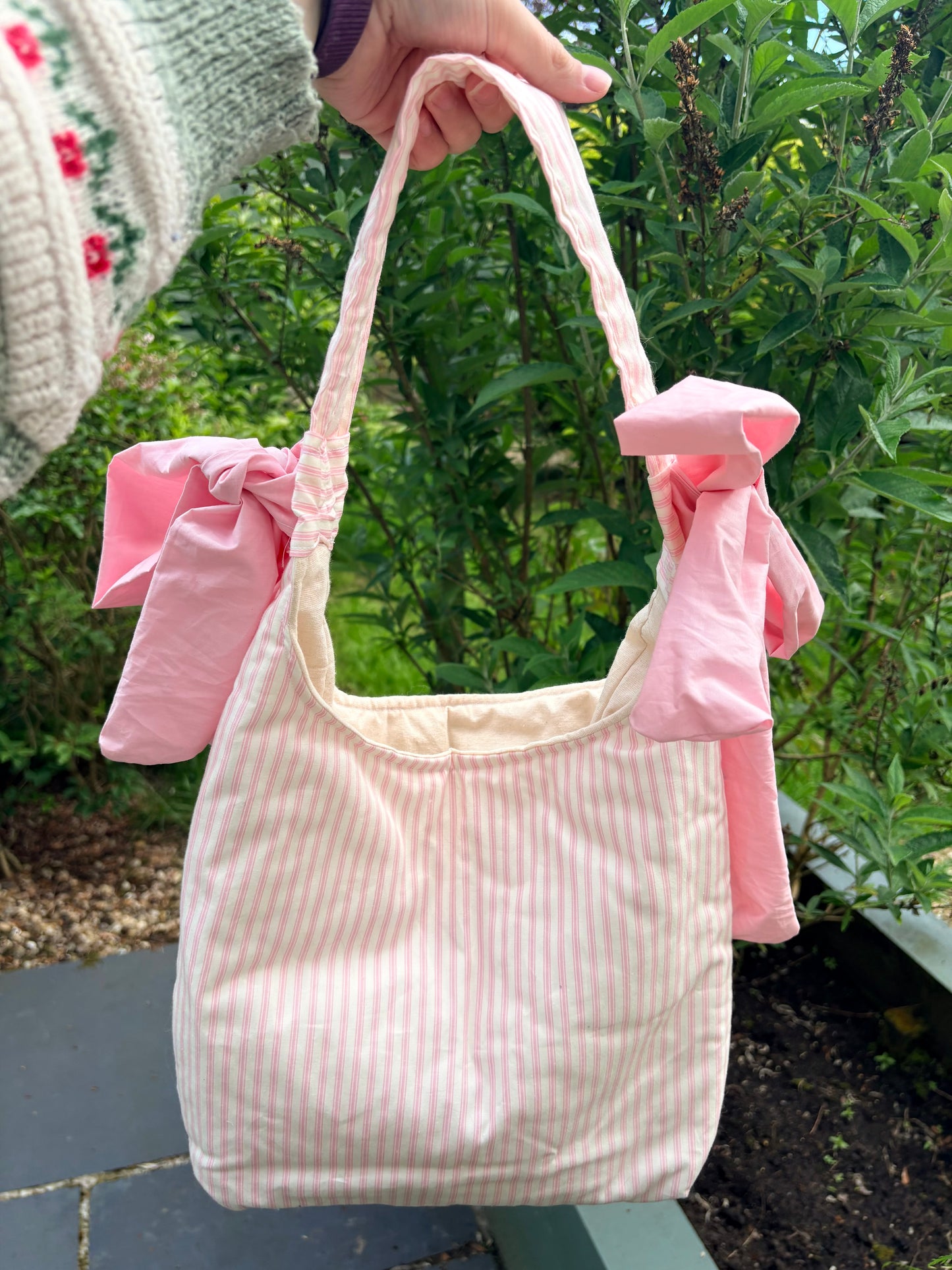 COMING SOON... Handmade white and pink stripe coquette padded tote bag with bows