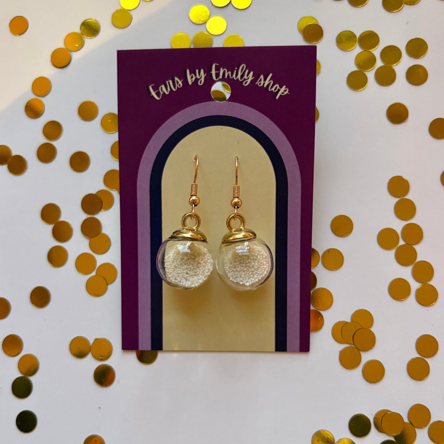 White ball bead sparkle bauble Christmas dangle earrings gold plated