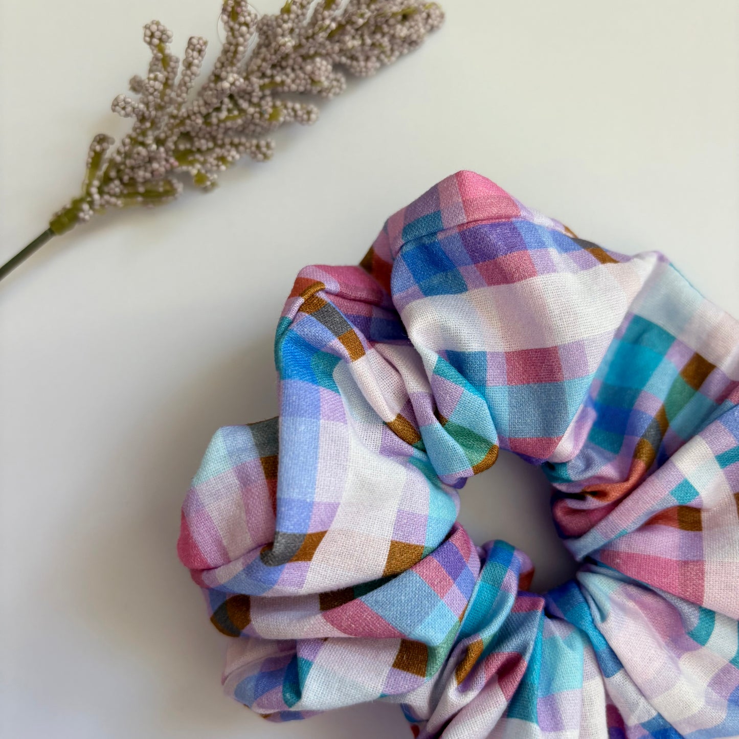 Cool gingham check purple, pink and blue large hair scrunchie