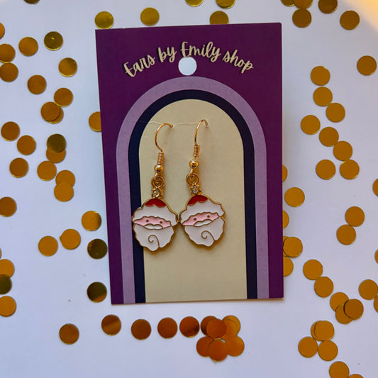 Gold cartoon Santa face dangle Christmas earrings